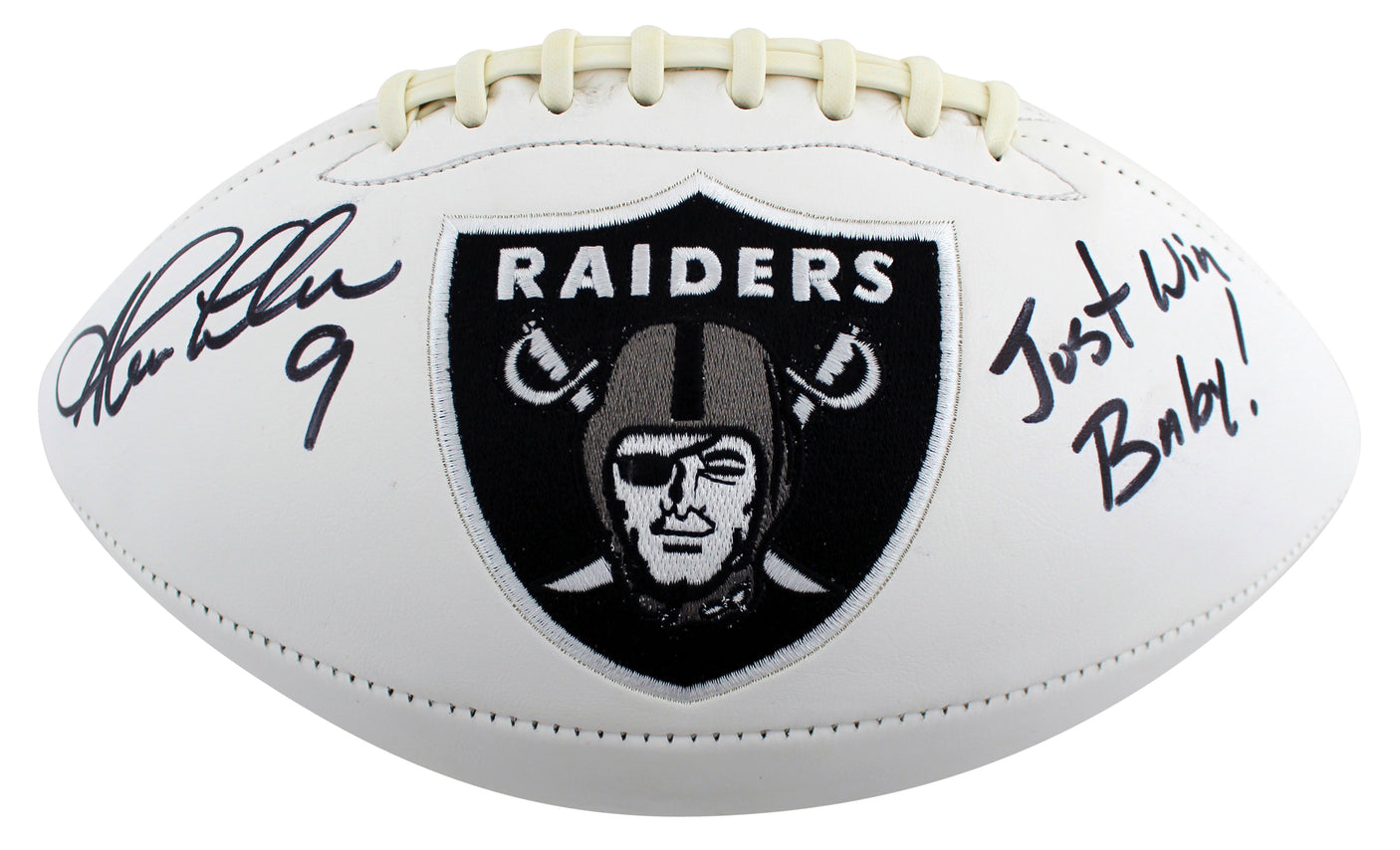 Raiders Shane Lechler Just Win Baby Signed White Panel Logo Football BAS Witness
