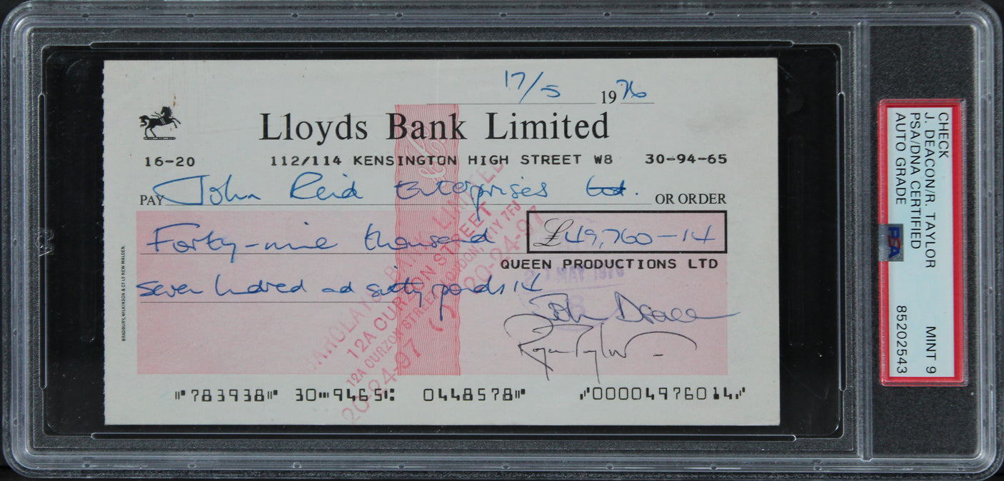Queen (4) Mercury, May, Deacon, Taylor Signed 1976 Bank Set Of 3 Checks PSA Slab