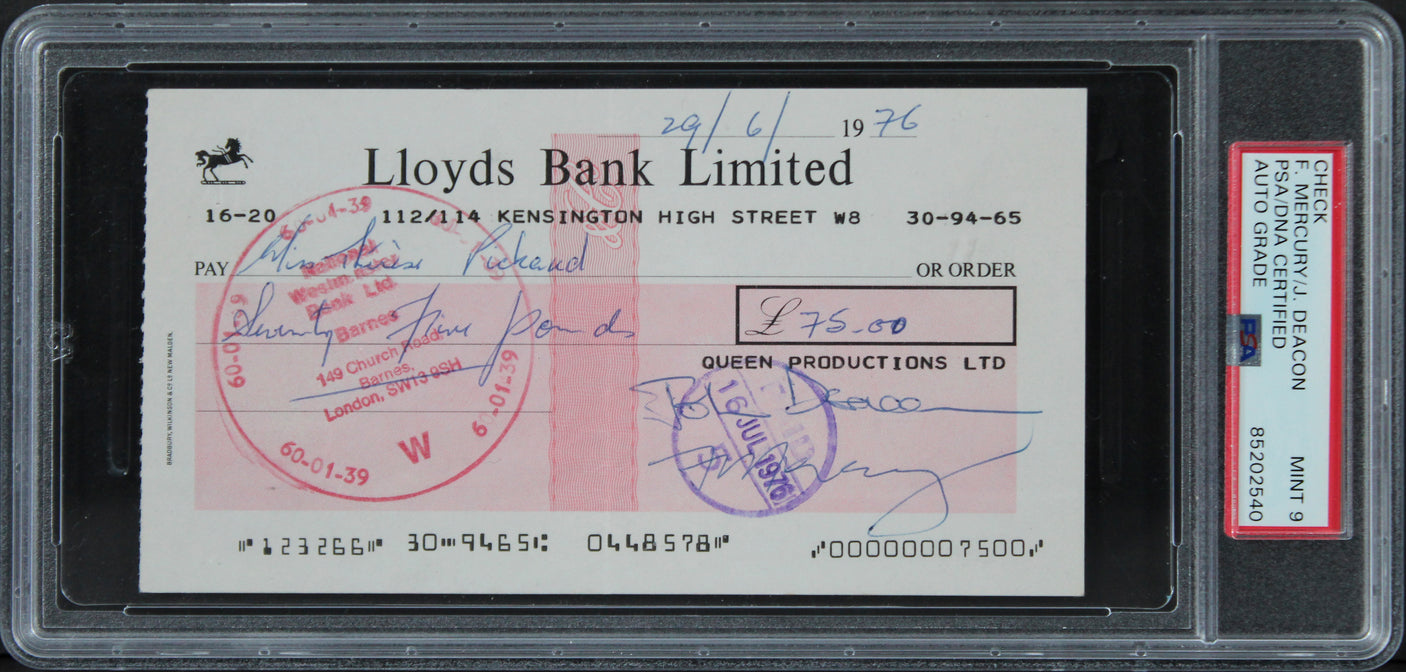 Queen (4) Mercury, May, Deacon, Taylor Signed 1976 Bank Set Of 3 Checks PSA Slab