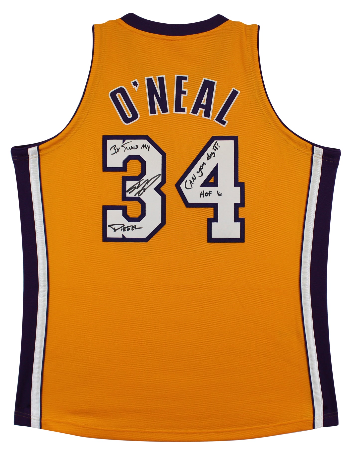 Shaquille O'Neal "4x Insc" Signed Yellow 00-02 M&N HWC Authentic Jersey BAS Wit