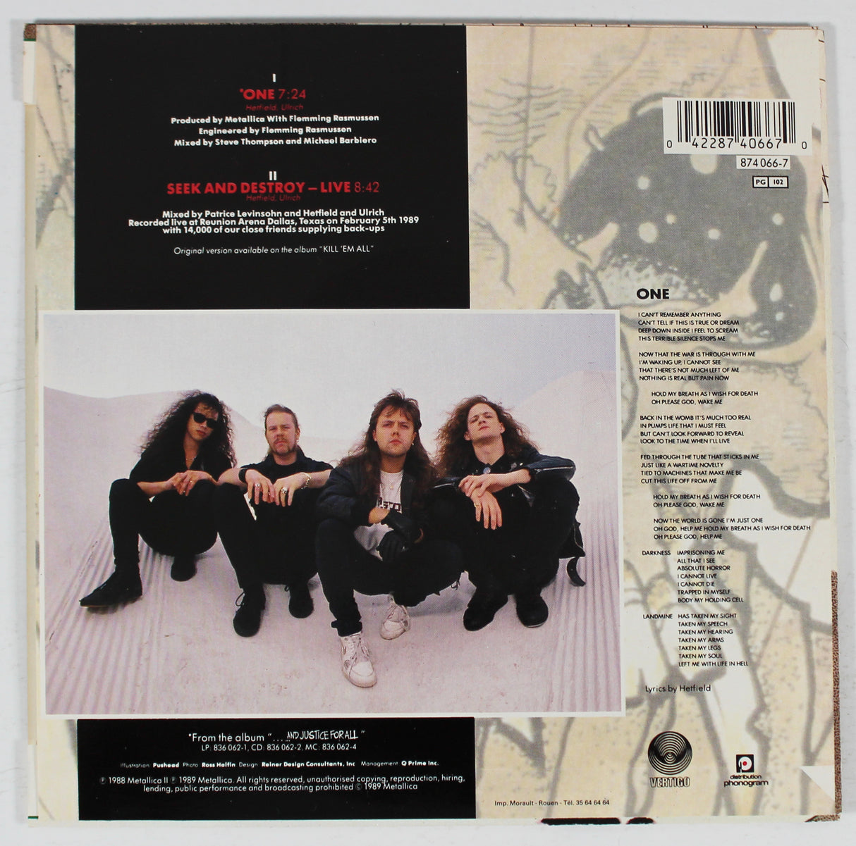 Metallica (4) Hetfield, Ulrich, Hammett +1 Signed One 45 RPM Album Cover BAS