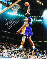 Lakers Shaquille O'Neal Signed 16x20 Vertical Dunk Photo Purple Jersey BAS Wit