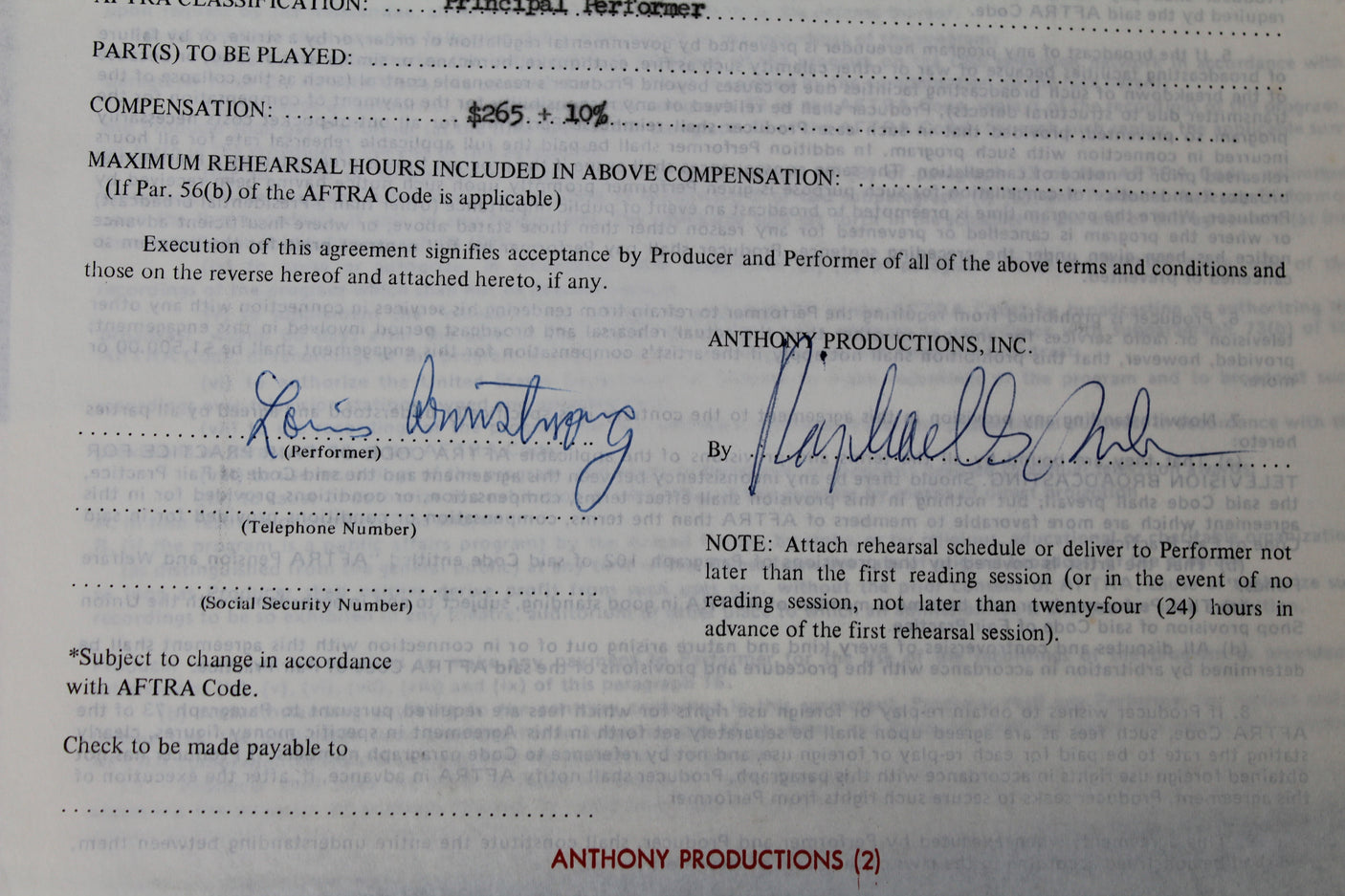 Louis Armstrong Signed 8.5x11 1970 Merv Griffin Show Contract BAS #AC33272