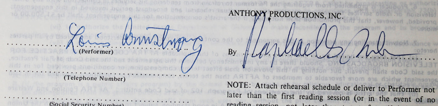 Louis Armstrong Signed 8.5x11 1970 Merv Griffin Show Contract BAS #AC33272