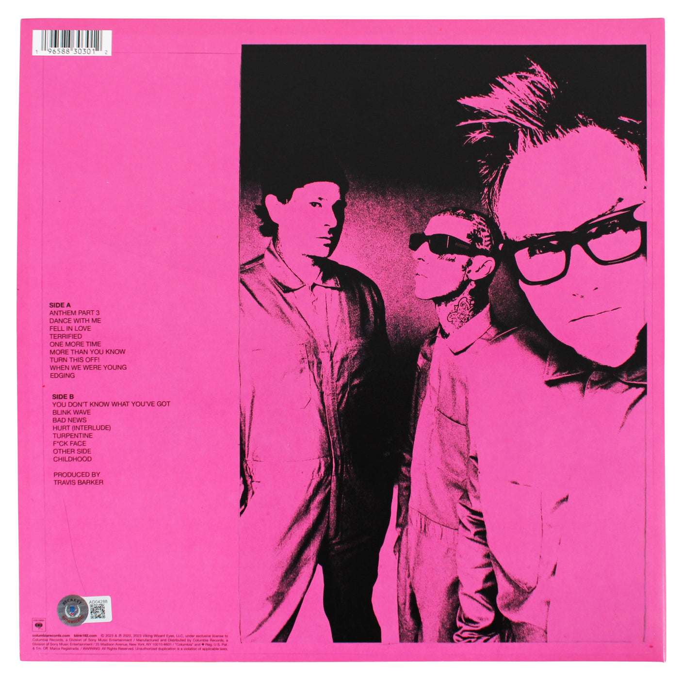 Blink 182 (3) Hoppus, Barker +1 Signed One More Time... Album Cover W/ Vinyl BAS