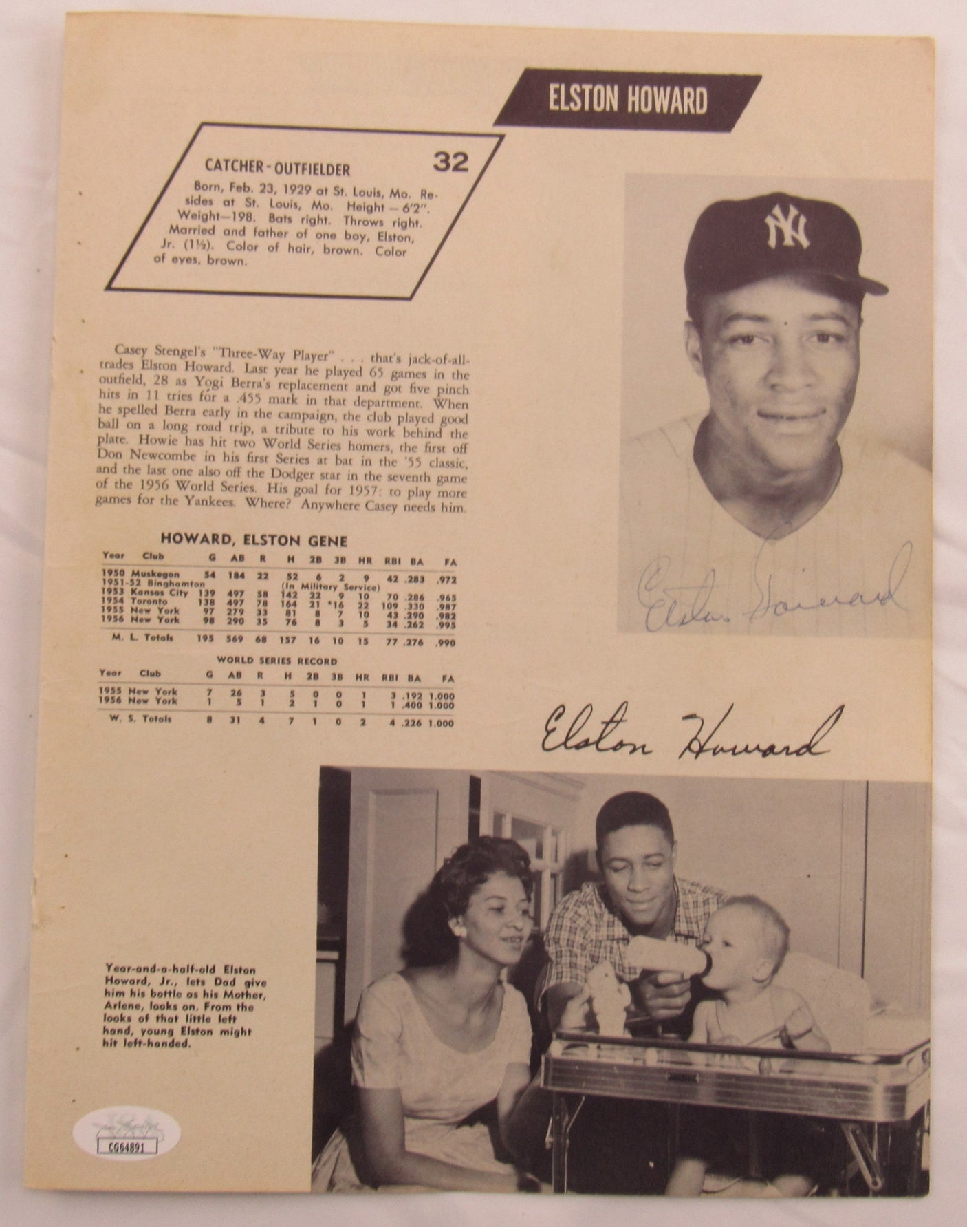Elston Howard Jerry Coleman Signed Auto Program Page JSA CG64891