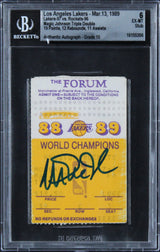 Magic Johnson Signed 3/13/89 LAL Vs HOU Ticket EX-MT 6, Auto 10! BAS Slabbed
