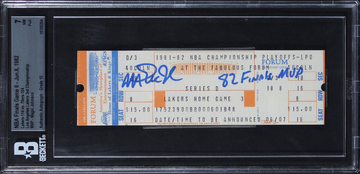 Magic Johnson 82 Finals MVP Signed 1982 Game 6 Ticket EX-MT 7 Auto 10 BAS Slab 1
