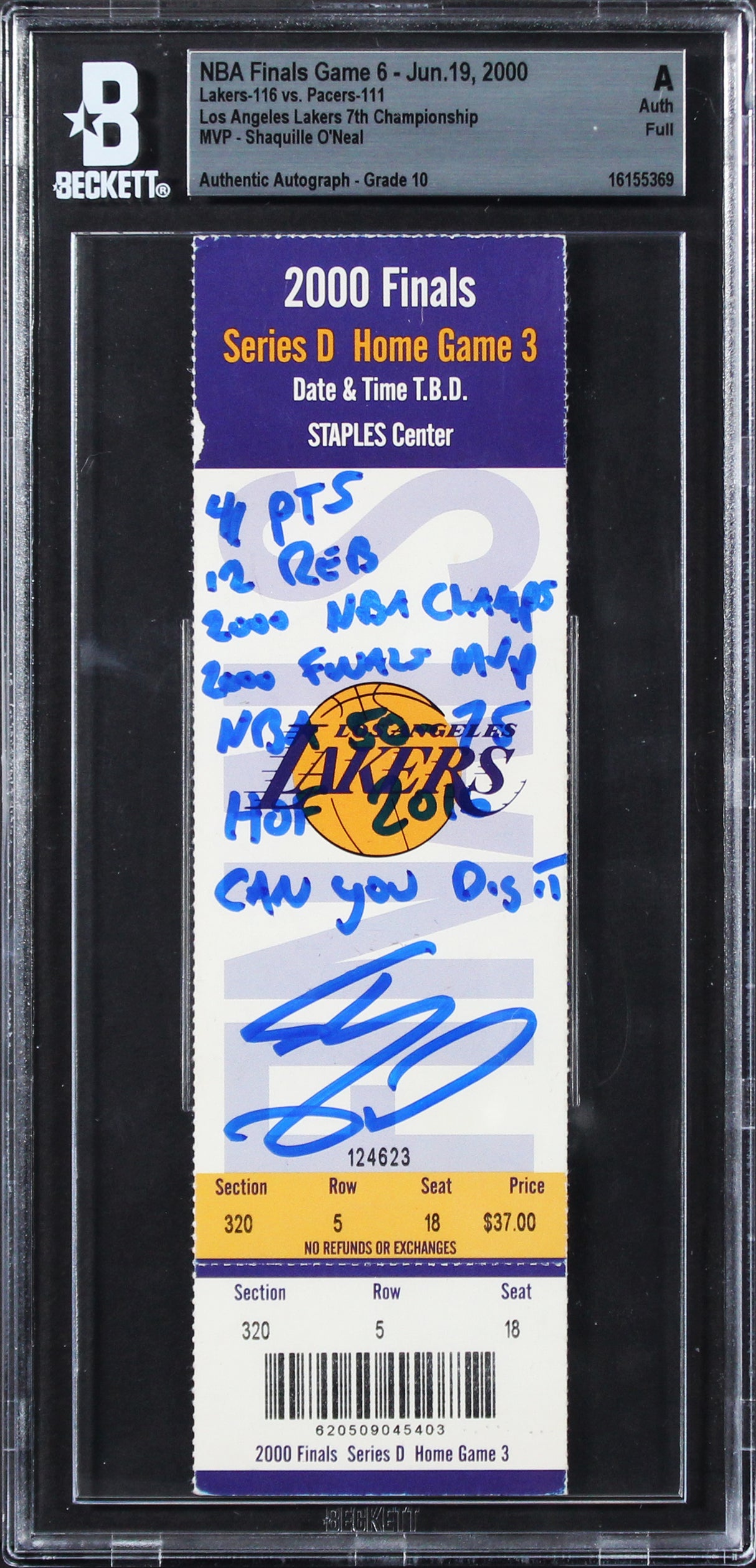 Shaquille O'Neal 8x Insc Signed 2000 NBA Finals Game 6 Ticket Auto 10 BAS Slab 1