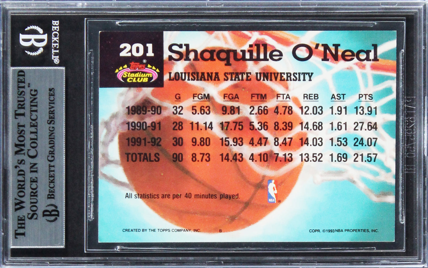 Magic Shaquille O'Neal Signed 1992 Stadium Club #201 Rookie Card BAS Slabbed