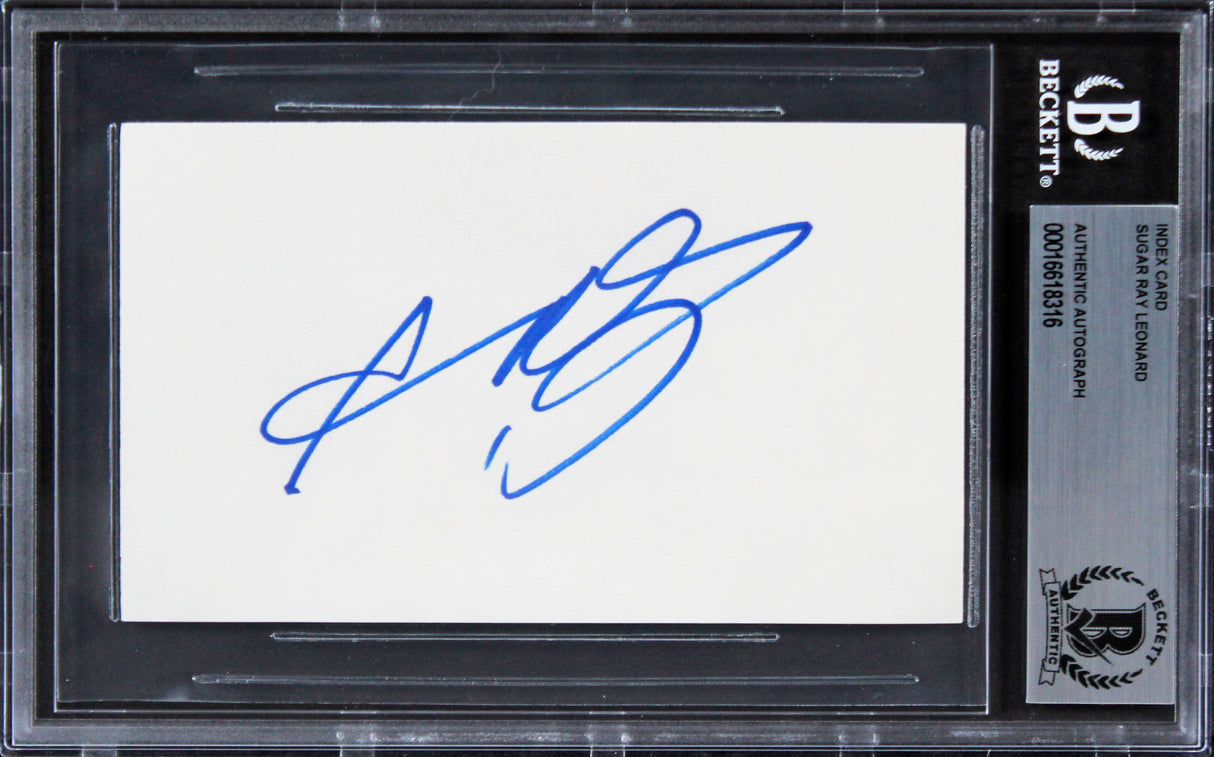 Sugar Ray Lenoard Authentic Signed 3x5 Index Card Autographed BAS Slabbed 4