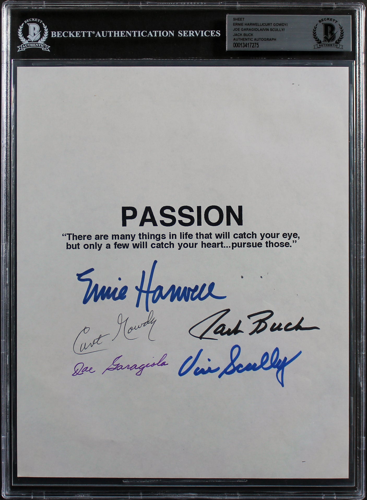 Broadcast Legends (5) Scully, Buck, Garagiola, +2 Signed 8x10 Sheet BAS Slabbed