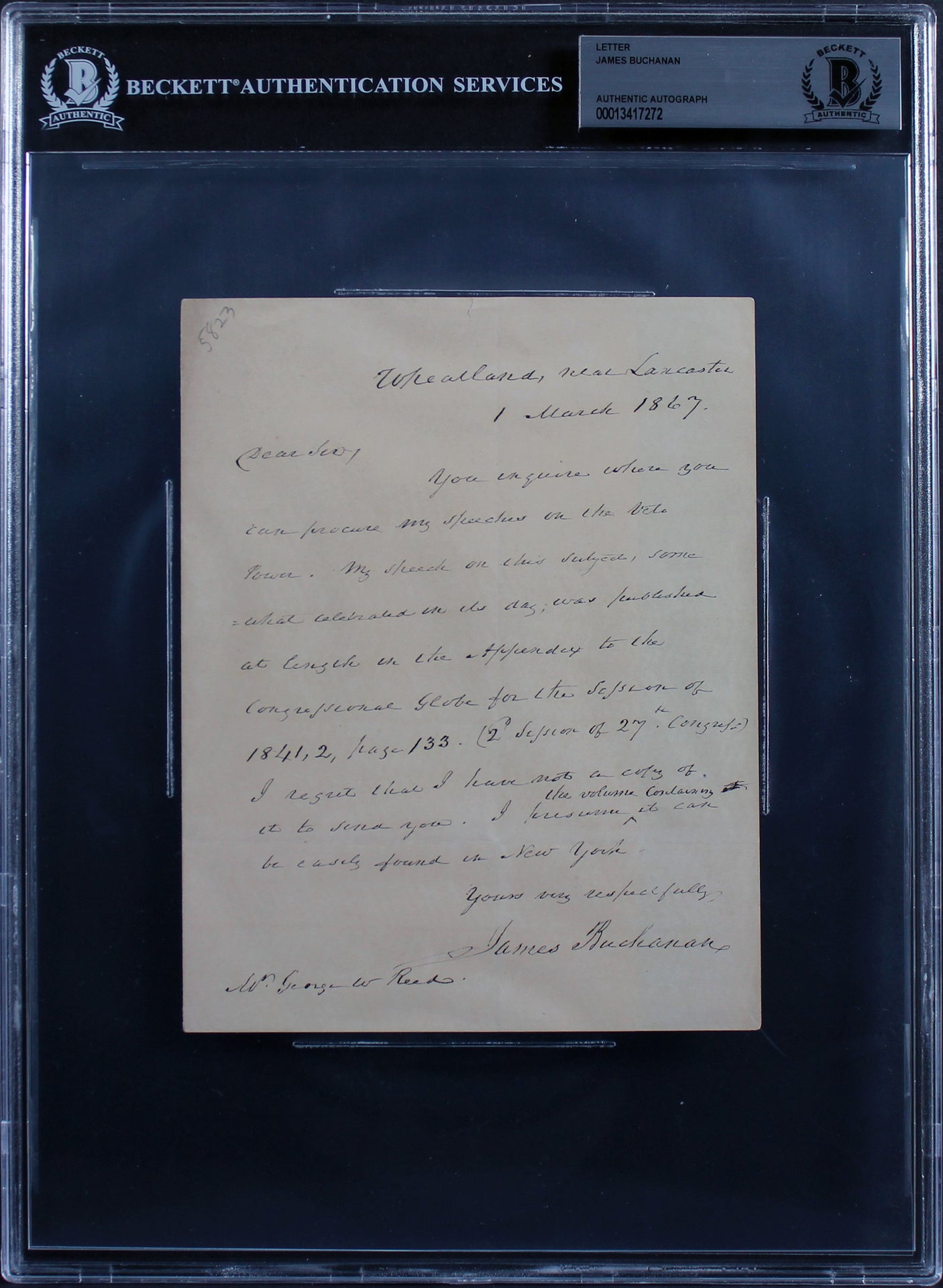 James Buchanan Authentic Signed 5.5x7 1867 Handwritten Letter BAS Slabbed