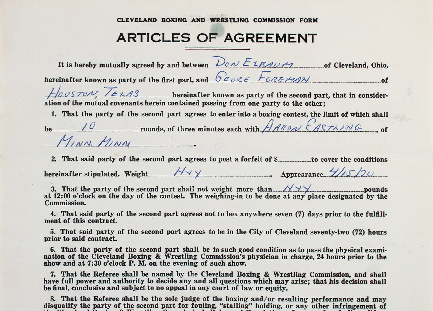 George Foreman & Aaron Eastling Signed 8.5x14 1970 2 Page Fight Contract BAS