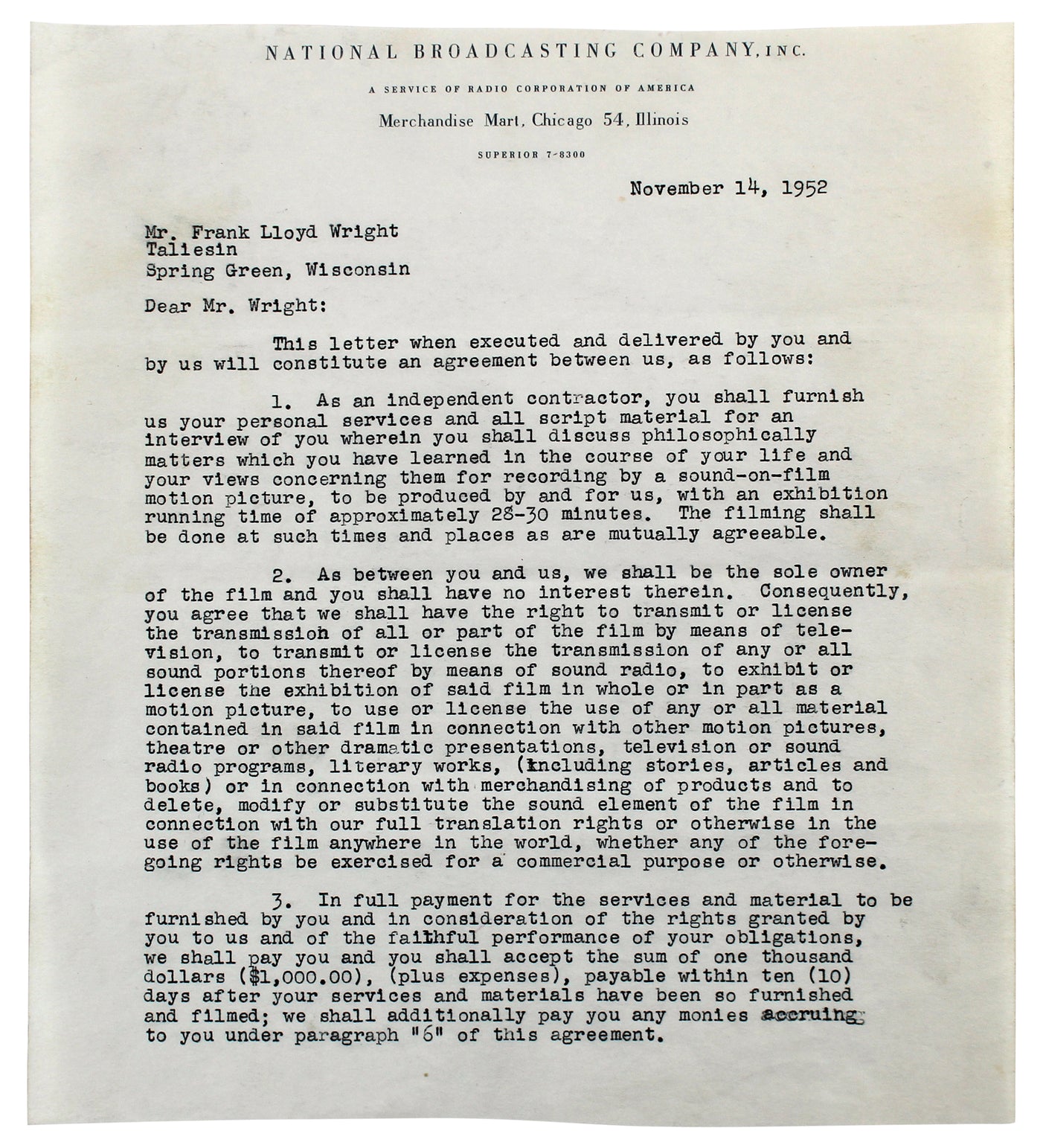 Frank Lloyd Wright Authentic 3x Signed 8.35x9.5 3 Page NBC Contract BAS #AB14681