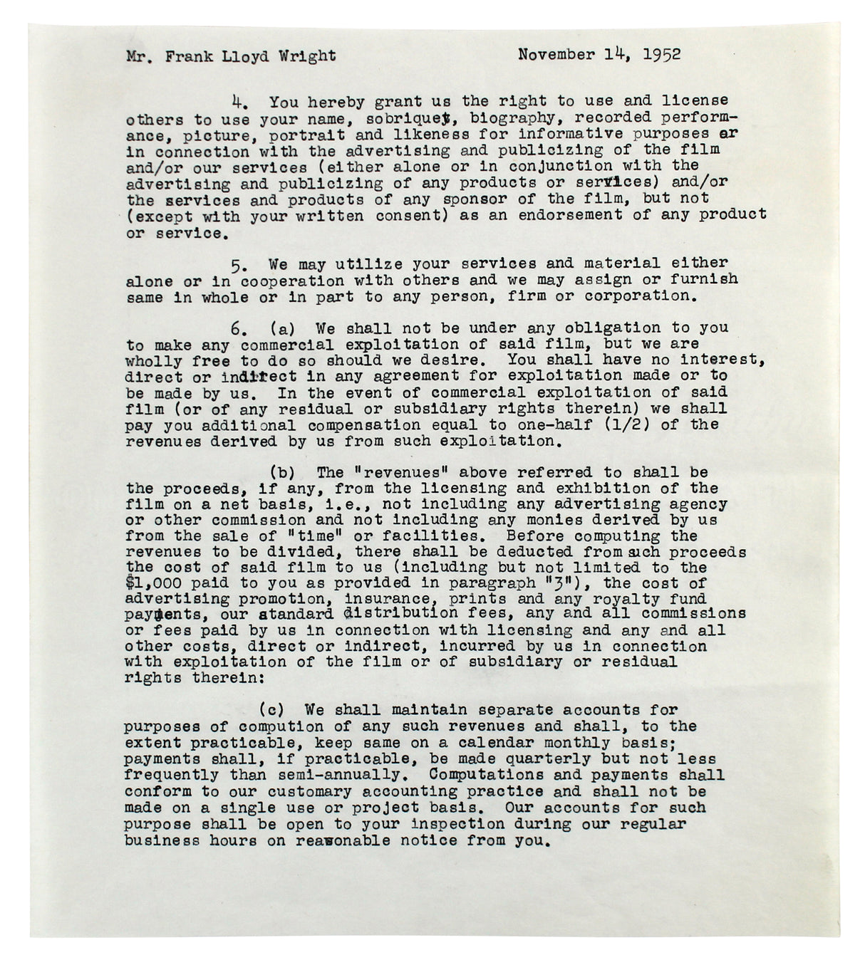 Frank Lloyd Wright Authentic 3x Signed 8.35x9.5 3 Page NBC Contract BAS #AB14681