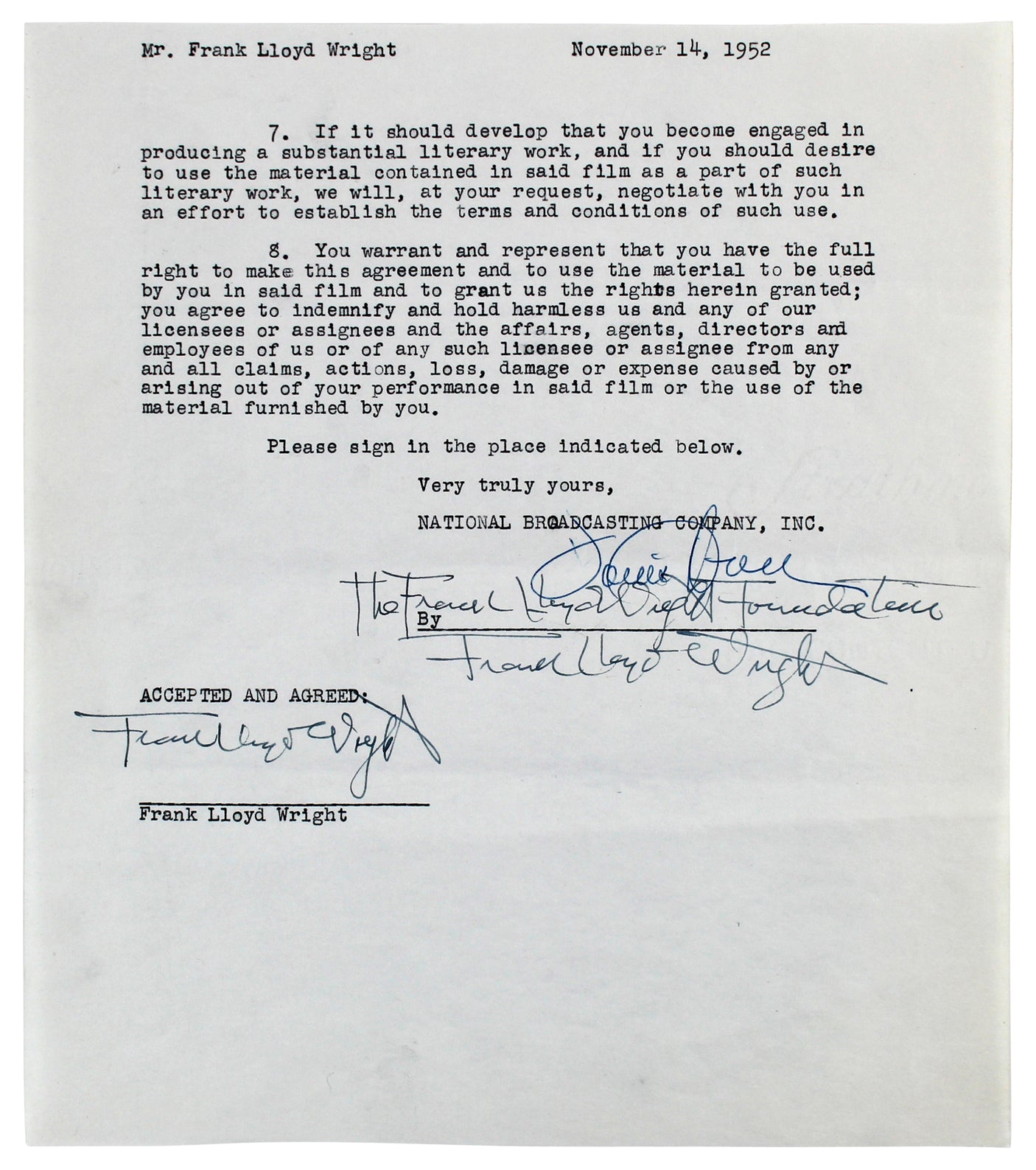 Frank Lloyd Wright Authentic 3x Signed 8.35x9.5 3 Page NBC Contract BAS #AB14681