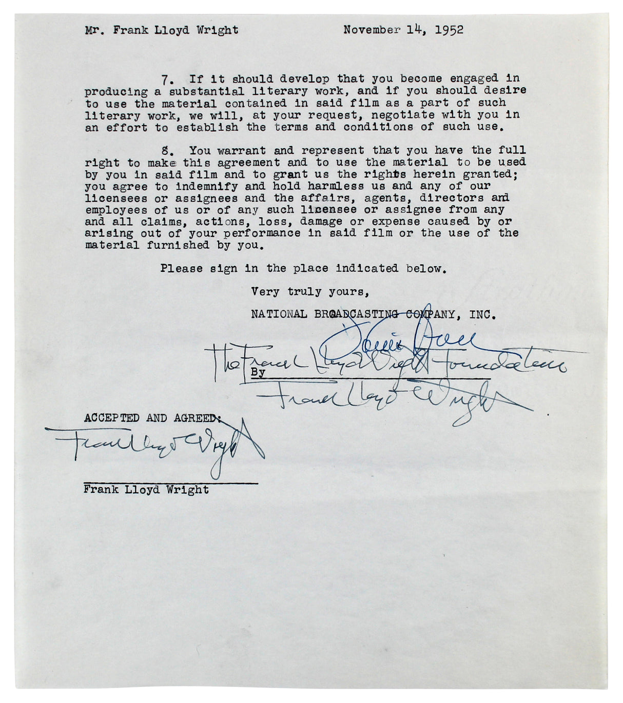Frank Lloyd Wright Authentic 3x Signed 8.35x9.5 3 Page NBC Contract BAS #AB14681