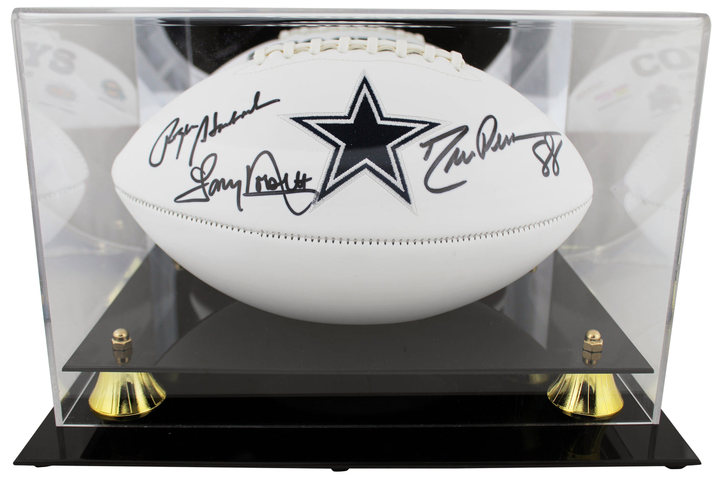 Cowboys (3) Staubach, Dorsett & Pearson Signed Football W/ Case BAS Witnessed