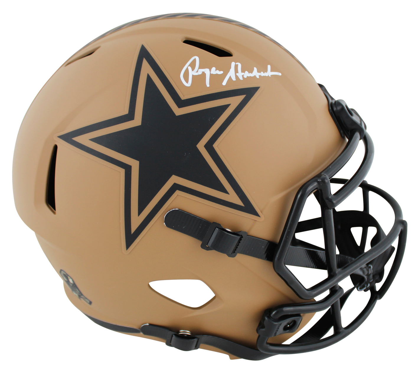 Cowboys Roger Staubach Signed Salute To Service II F/S Speed Rep Helmet BAS Wit