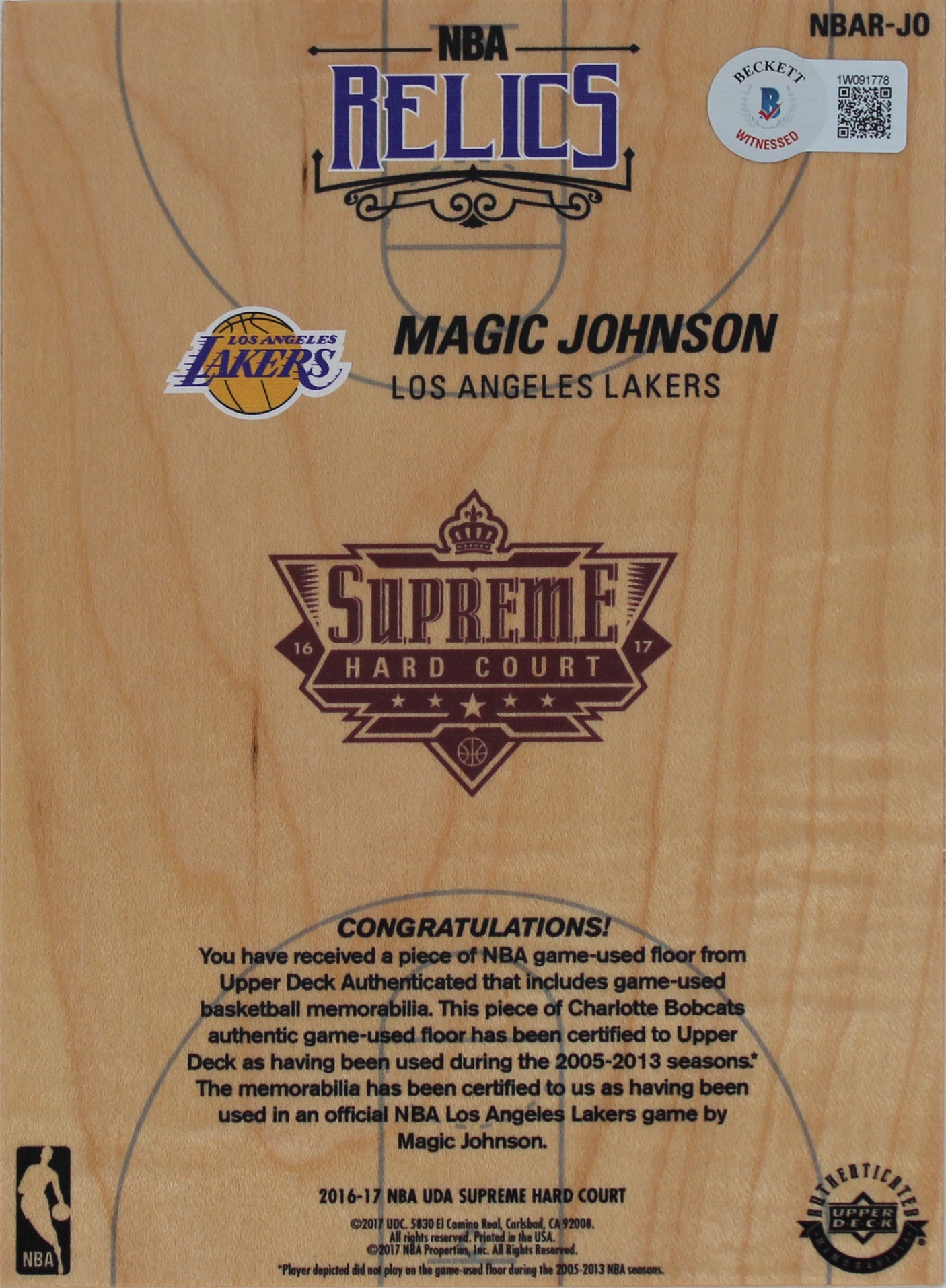 Lakers Magic Johnson Signed 5x7 Upper Deck Supreme Hard Court Card BAS #1W091778