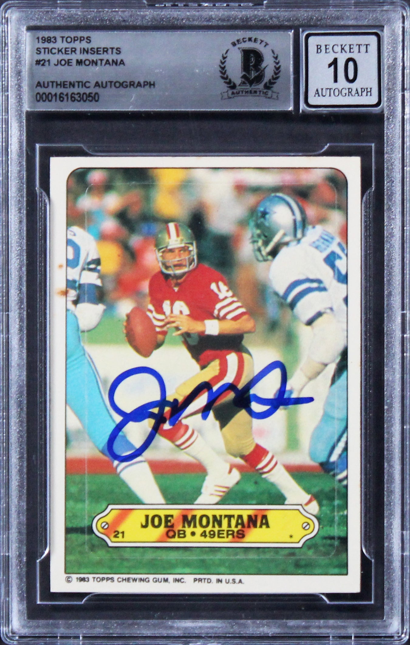 49ers Joe Montana Signed 1983 Topps Sticker Inserts #21 Card Auto 10! BAS Slab