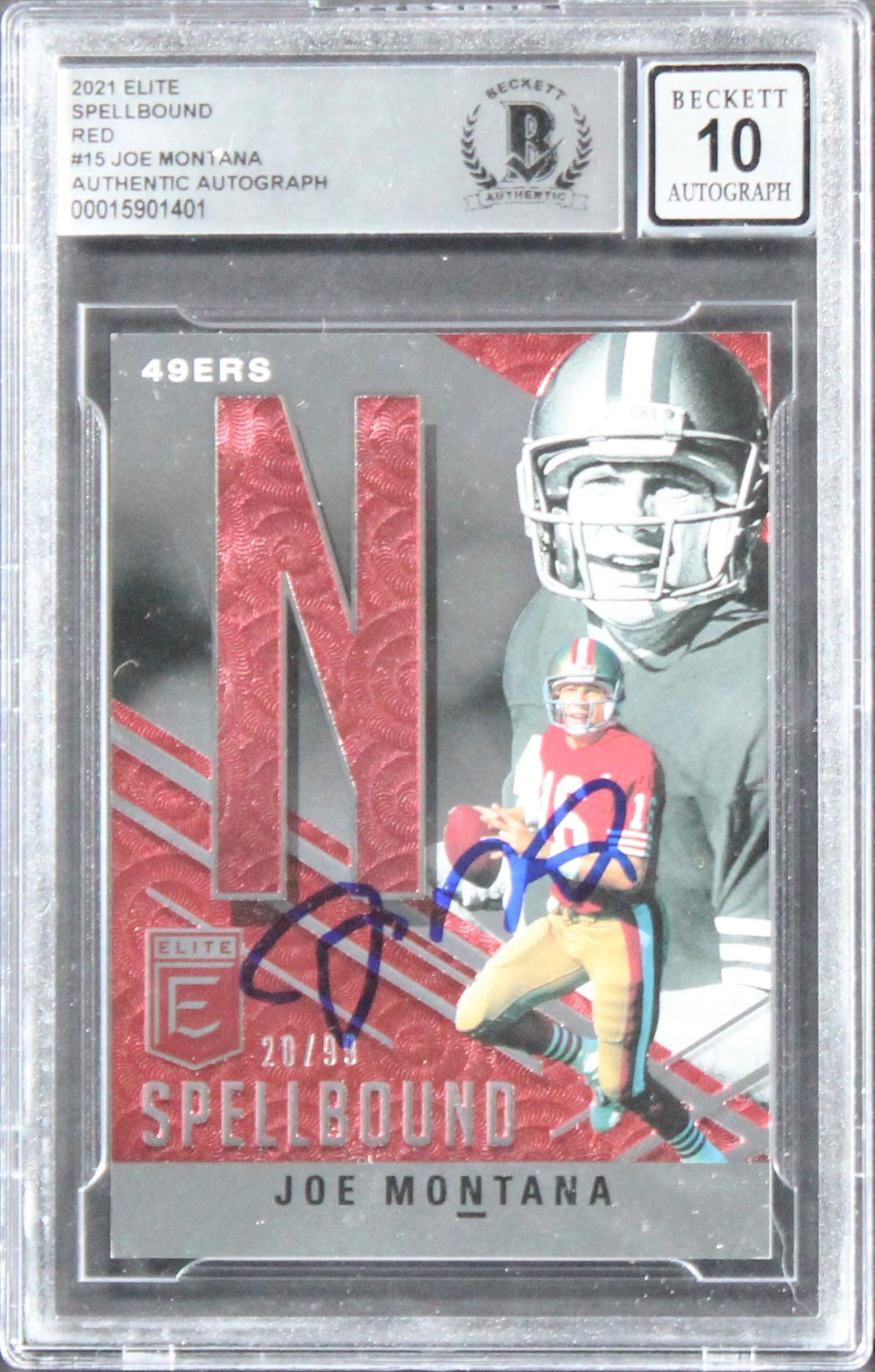 49ers Joe Montana Signed 2021 Elite Spellbound #15 #20/99 Card Auto 10! BAS Slab