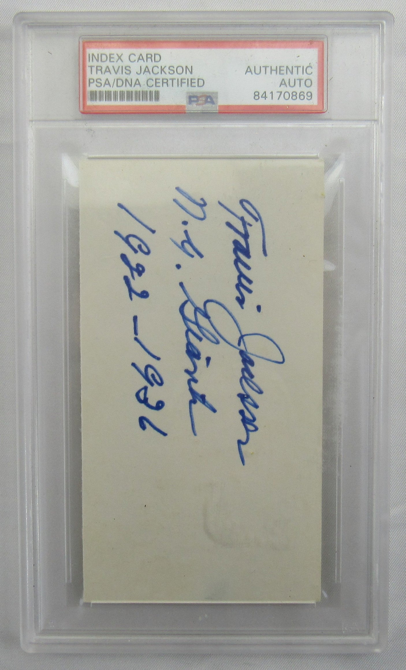 Travis Jackson Signed Auto Autograph Encapsulated PSA/DNA Index Card
