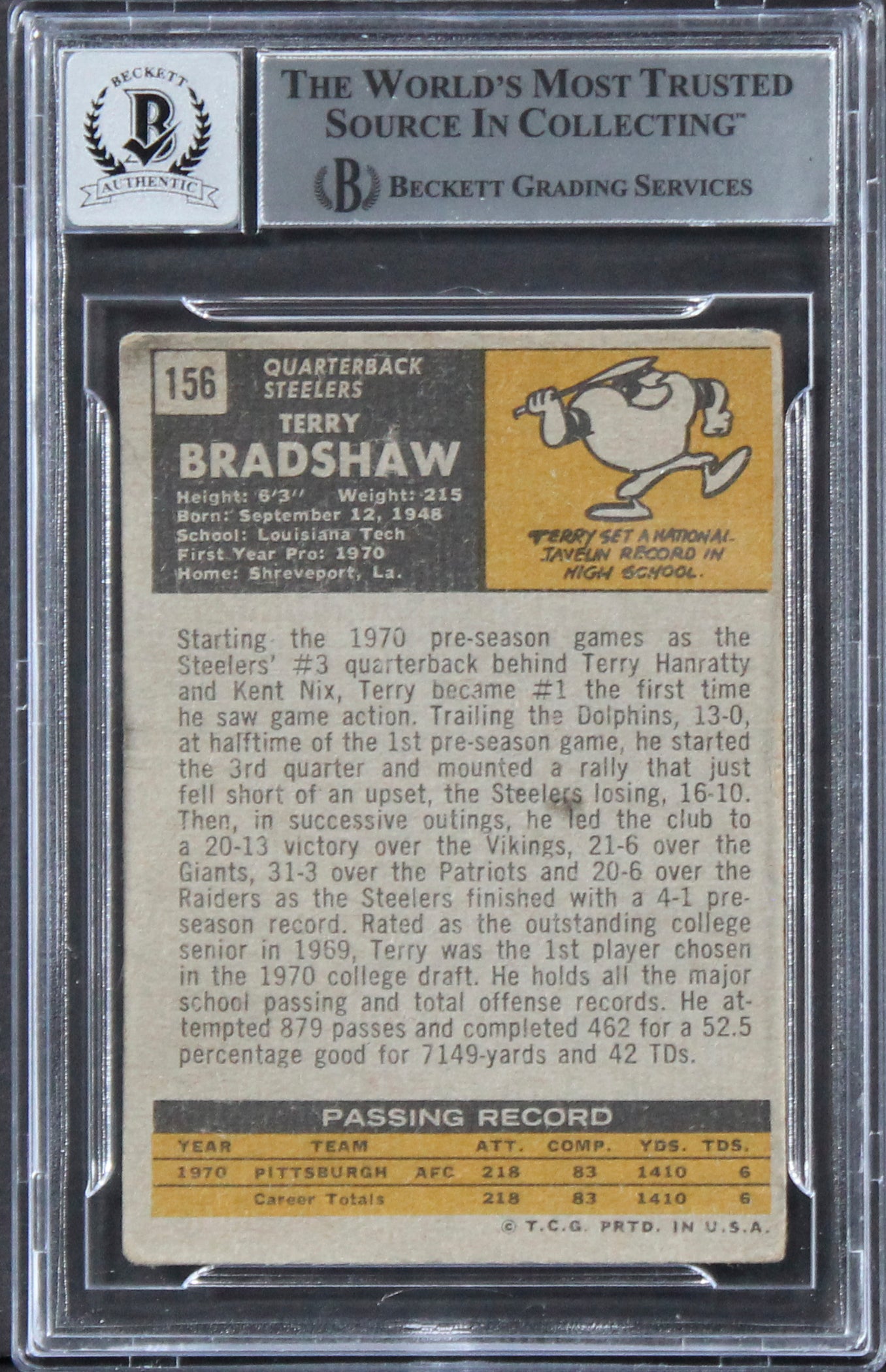 Steelers Terry Bradshaw "HOF 89" Signed 1971 Topps #156 RC Auto 10! BAS Slab 2