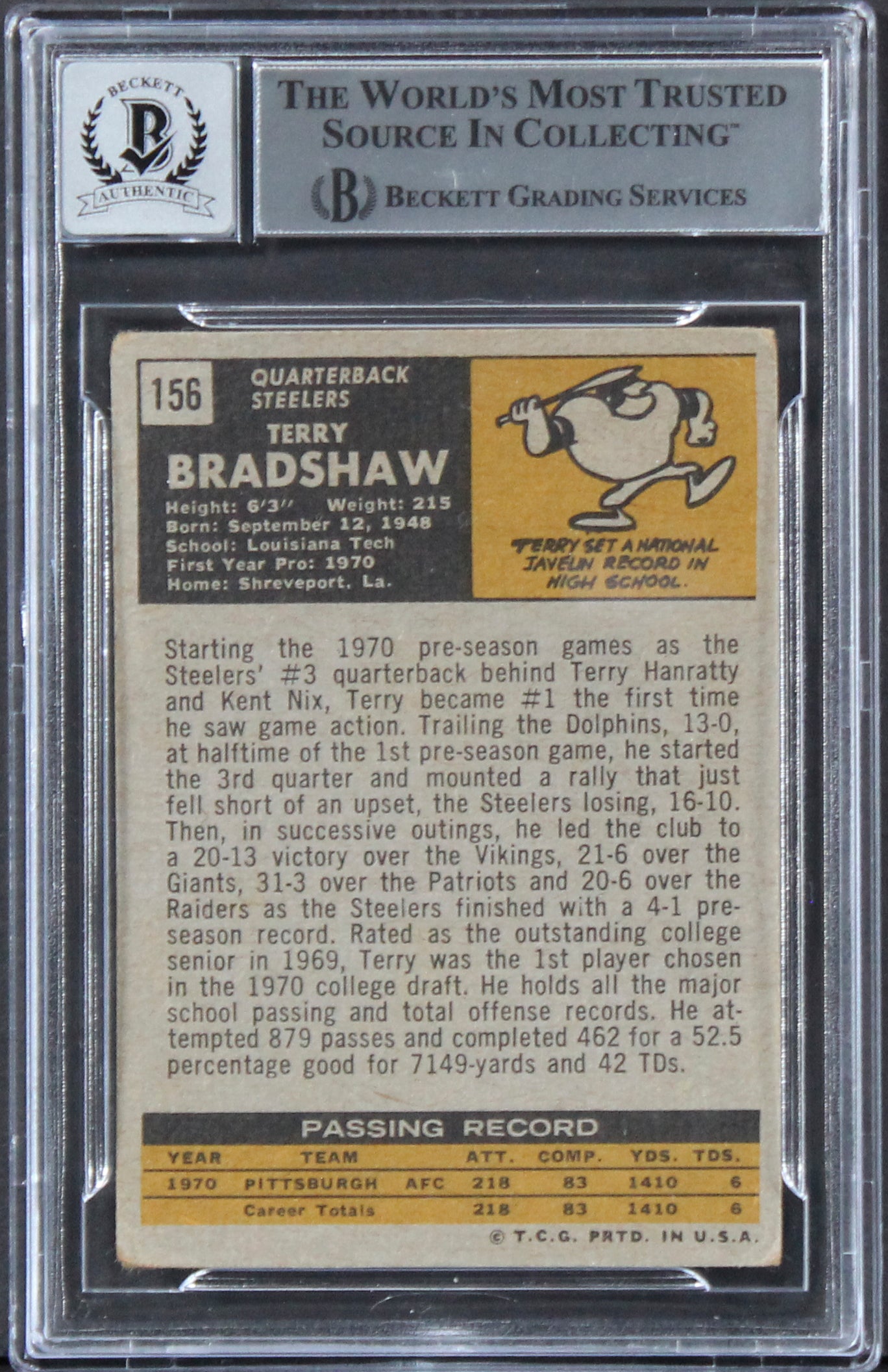 Steelers Terry Bradshaw Signed 1971 Topps #156 RC Card Auto 10! BAS Slabbed