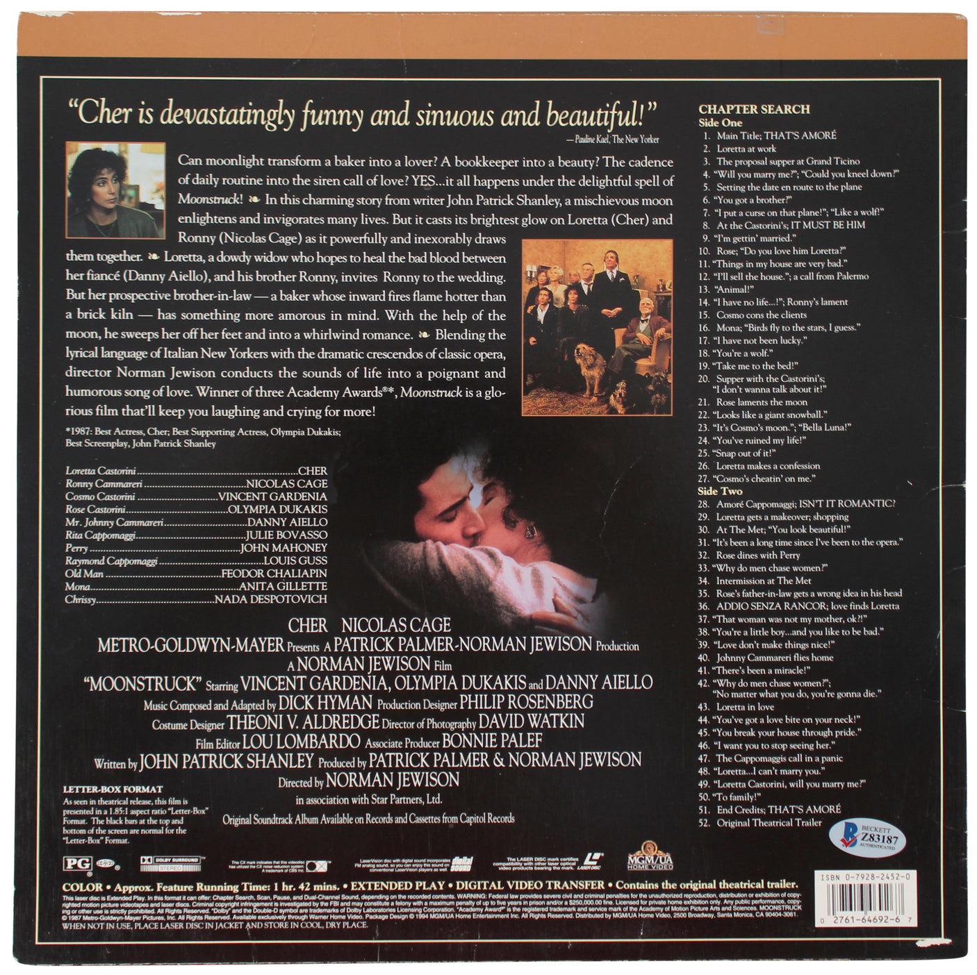 Cher Moonstruck Authentic Signed Soundtrack Laserdisc Cover w/o Disk BAS #Z83187