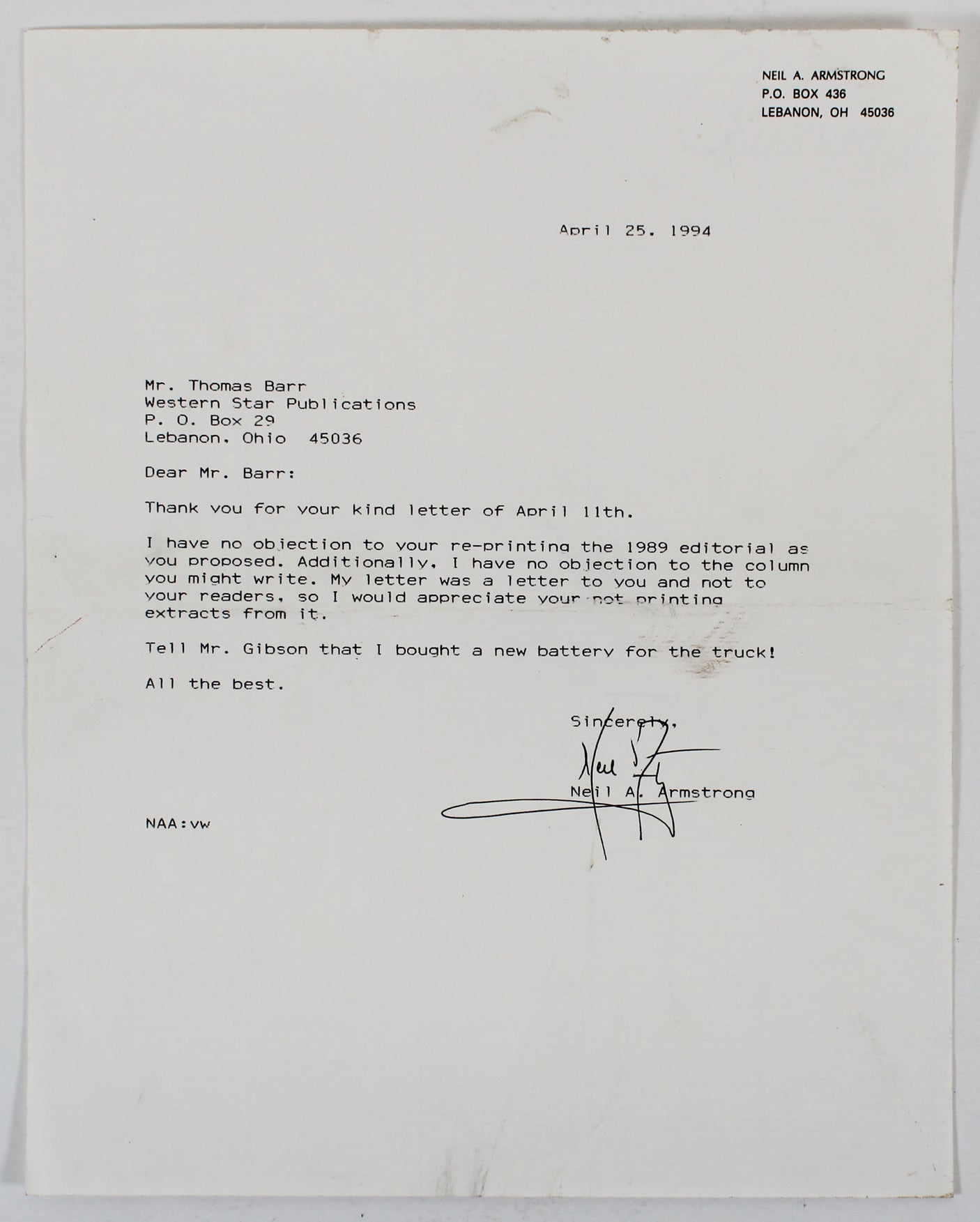 Neil Armstrong Apollo 11 Authentic Signed 8.5x11 1994 Typed Letter BAS #AC33408