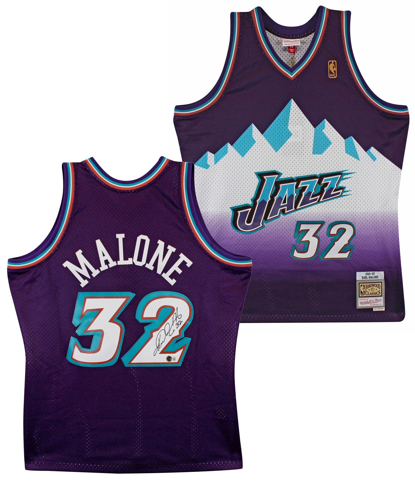 Jazz Karl Malone Signed 1996-97 Purple Mitchell & Ness Swingman Jersey BAS Wit