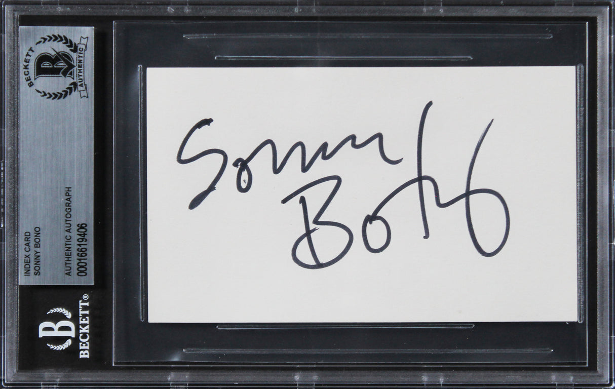 Sonny Bono Sonny & Cher Authentic Signed 3x5 Index Card Autographed BAS Slabbed
