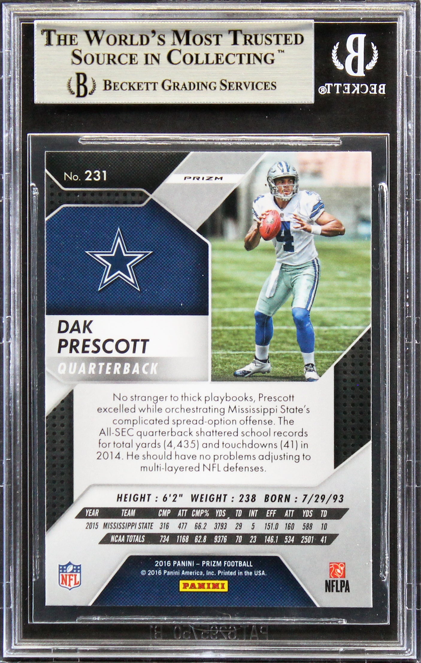 Cowboys Dak Prescott Signed 2016 Panini Prizm #231 Rookie Card BAS Slabbed
