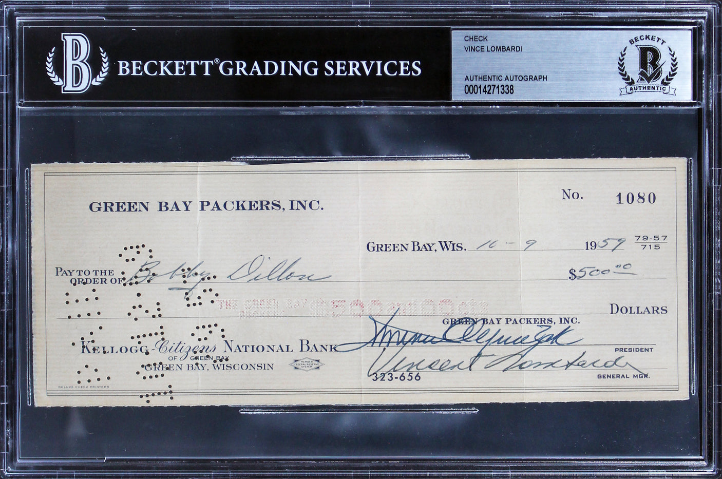 Vince Lombardi Signed 3x8.25 1959 Green Bay Packers Inc Check BAS Slabbed