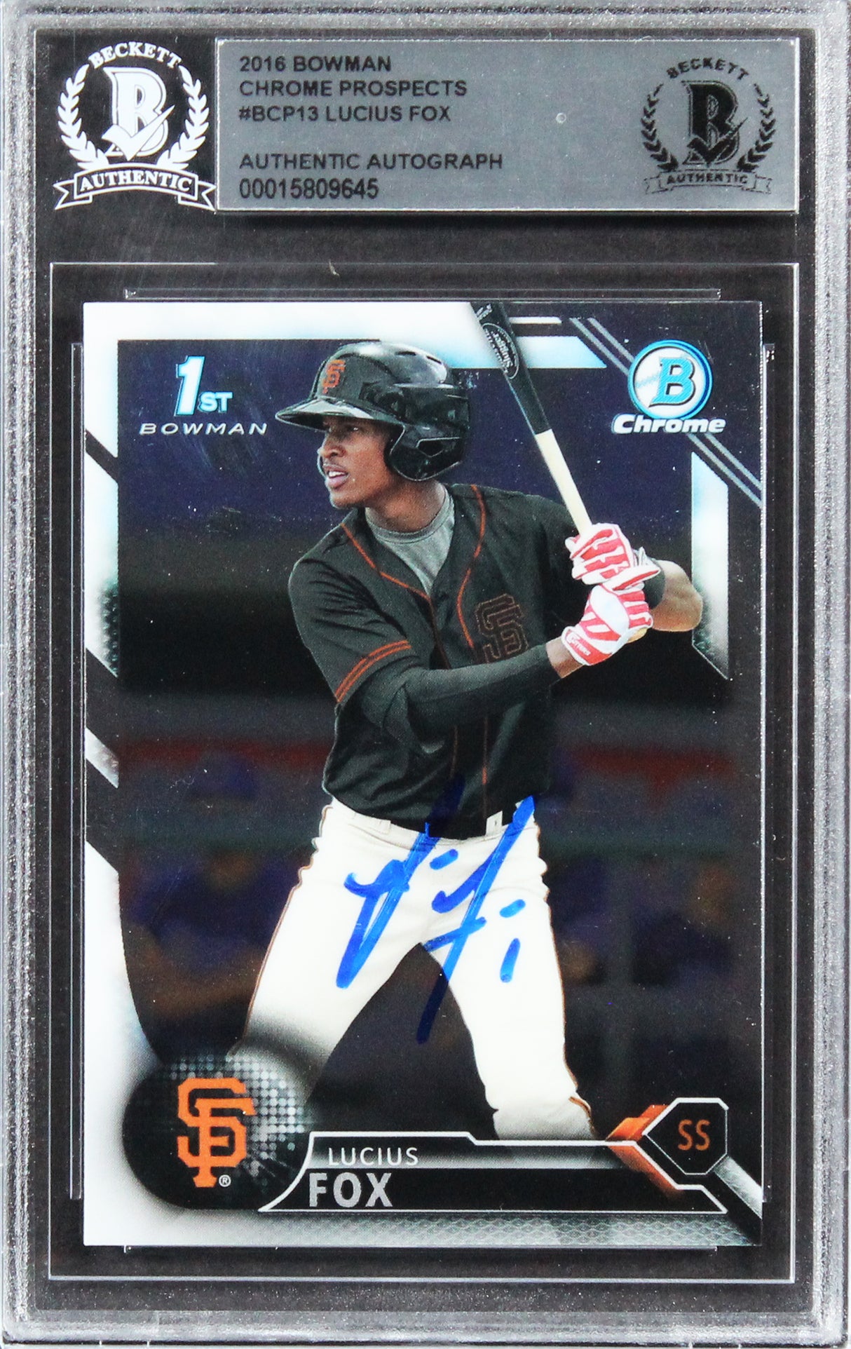 Giants Lucius Fox Signed 2016 Bowman Chrome Prospects #BCP13 Card BAS Slabbed
