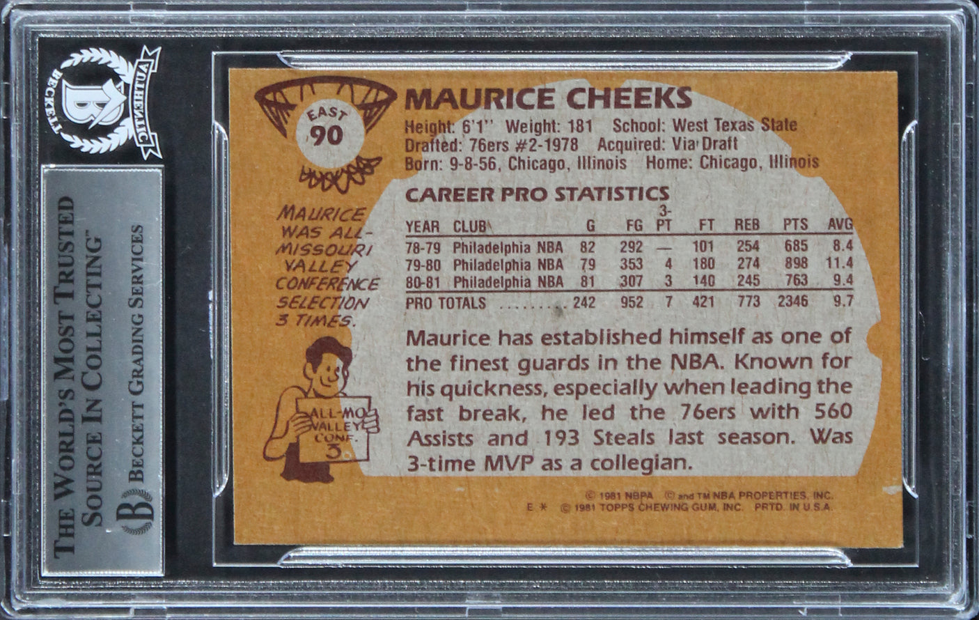 76ers Maurice Cheeks HOF 2018 Authentic Signed 1981 Topps #E90 Card BAS Slabbed