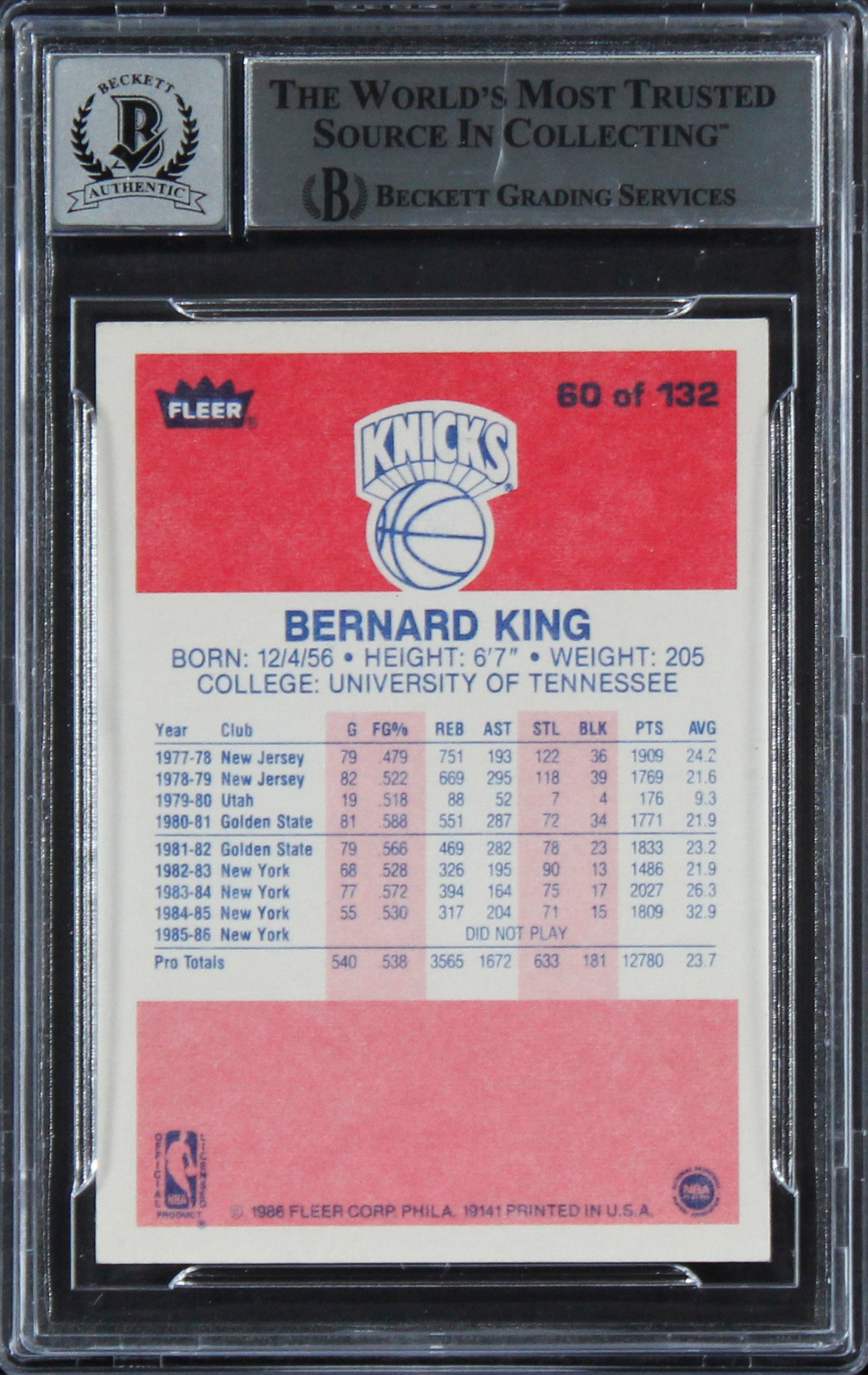 Knicks Bernard King "HOF 13" Signed 1986 Fleer #60 Card Auto 10! BAS Slabbed