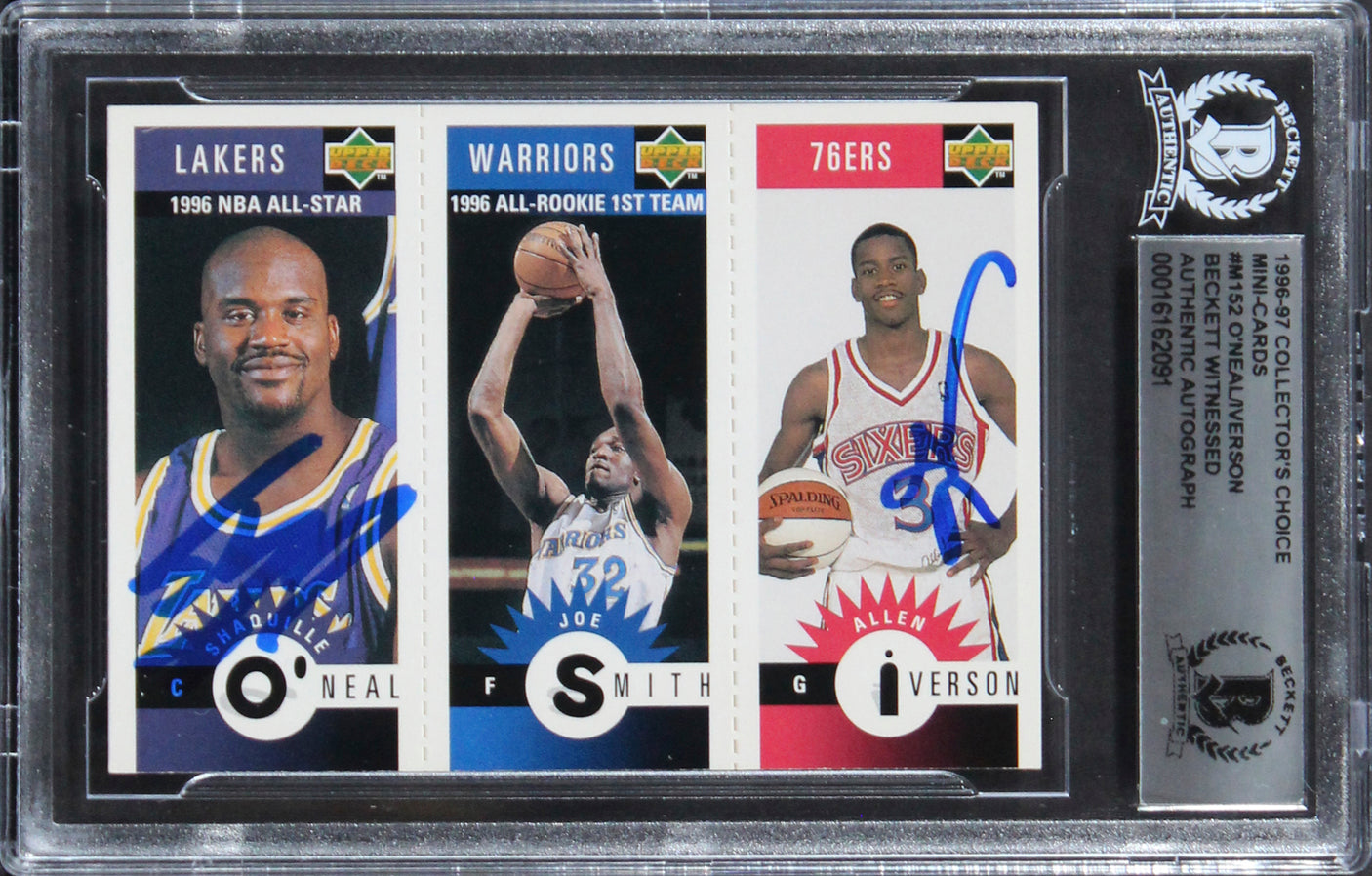 Shaquille O'Neal & Allen Iverson Signed 1996 CC Mini-Cards #M152 Card BAS Slab