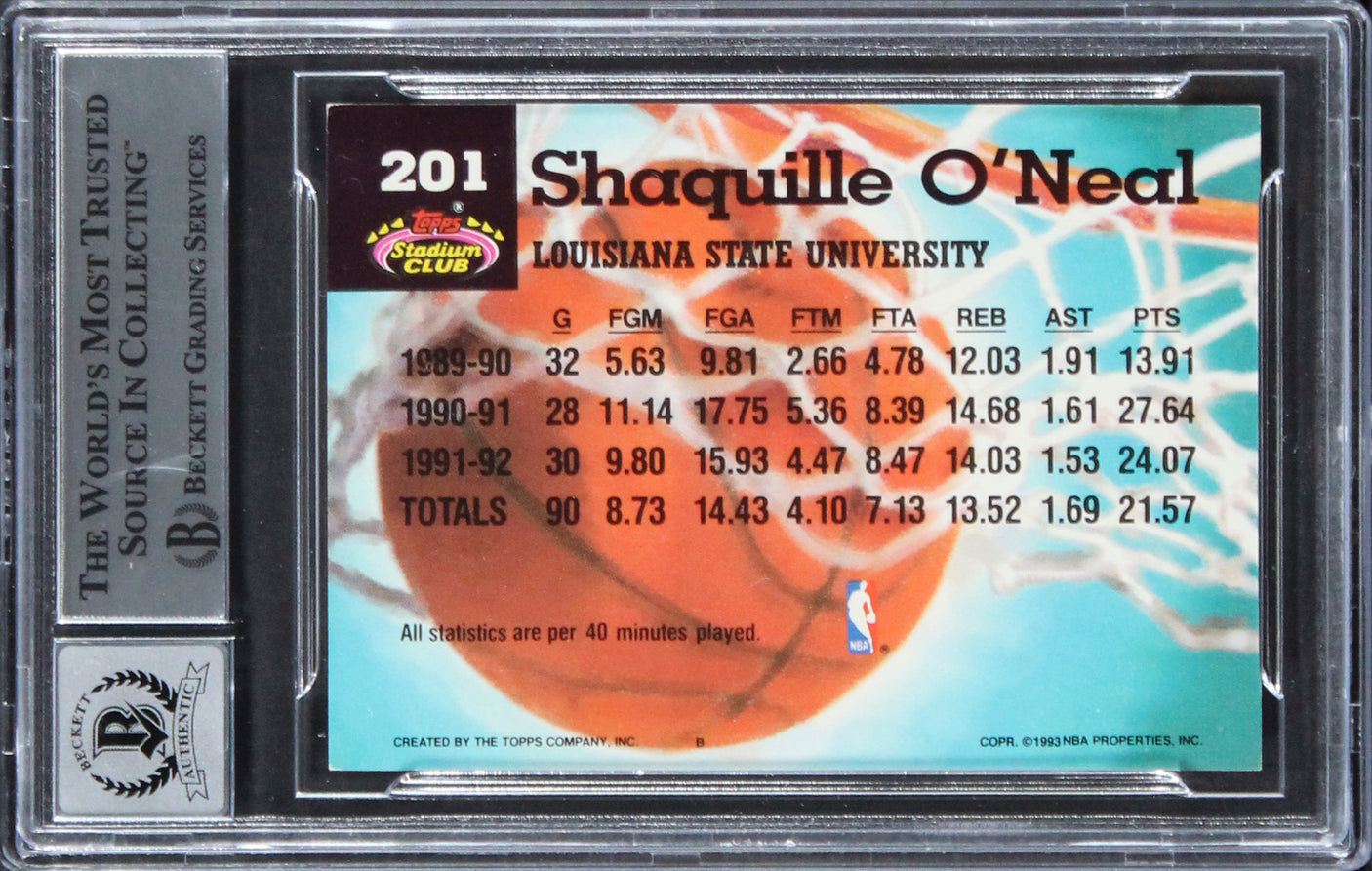 Magic Shaquille O'Neal Signed 1992 Stadium Club #201 RC Card Auto 10! BAS Slab 2