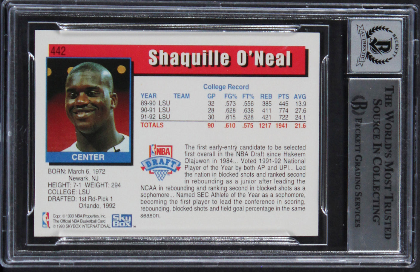 Magic Shaquille O'Neal Signed 1992 Hoops #442 Rookie Card Auto 10! BAS Slabbed