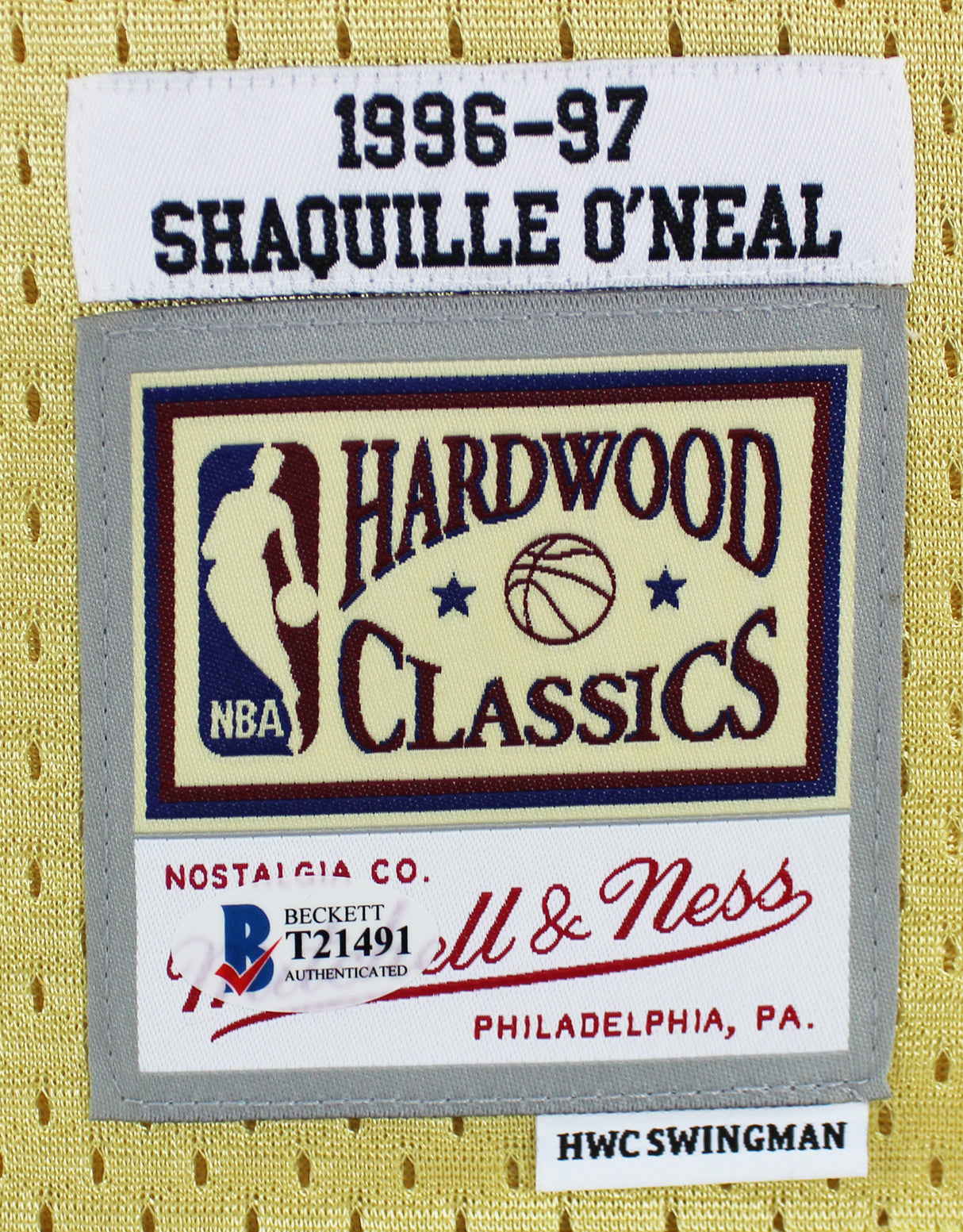 Lakers Shaquille O'Neal Authentic Signed Gold 96-97 M&N HWC Swingman Jersey BAS