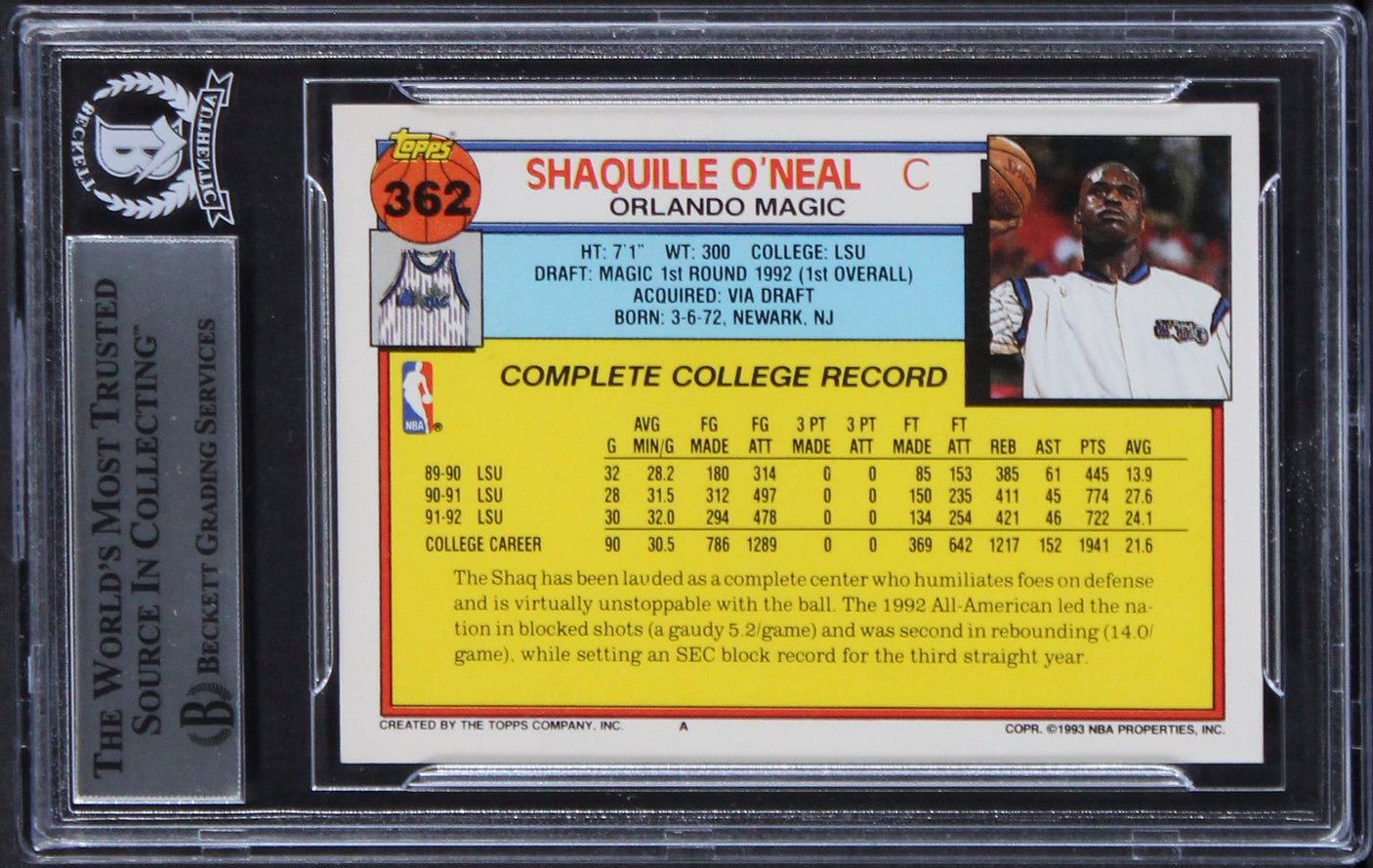Magic Shaquille O'Neal Authentic Signed 1992 Topps #362 Rookie Card BAS Slabbed