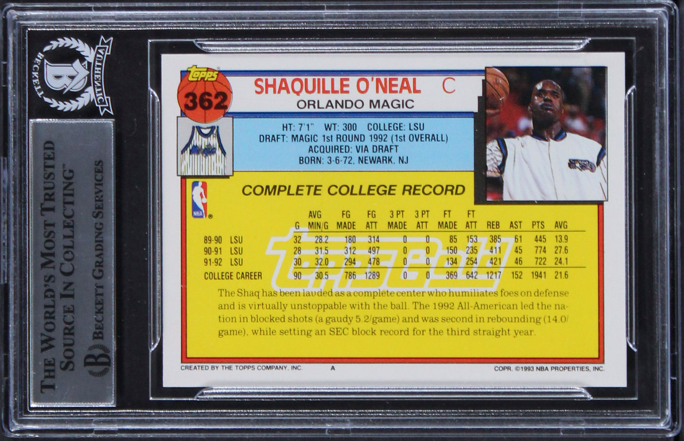 Magic Shaquille O'Neal Signed 1992 Topps Gold #362 Rookie Card BAS Slabbed