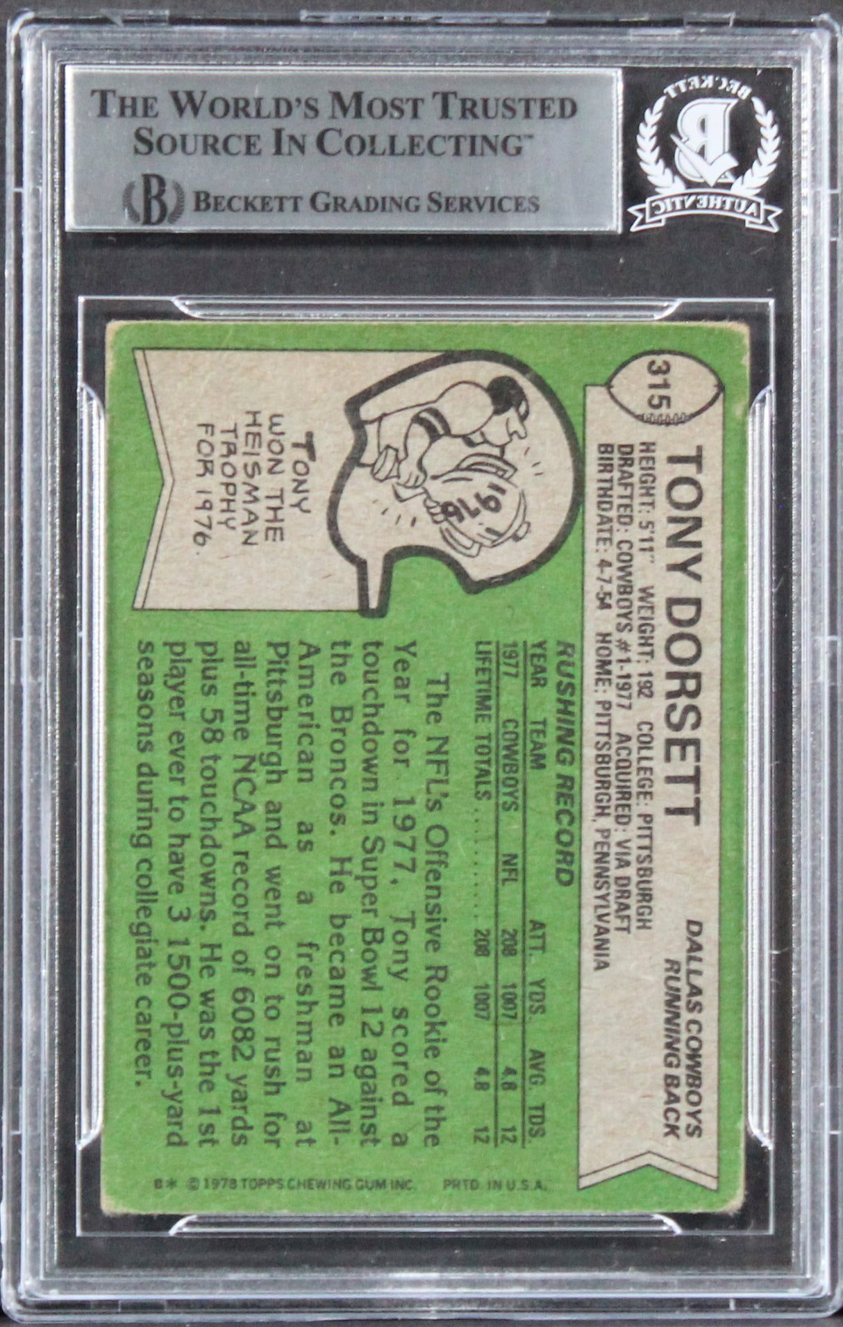 Cowboys Tony Dorsett "ROY 77, HOF 94" Signed 1978 Topps #315 RC Card BAS Slab 11