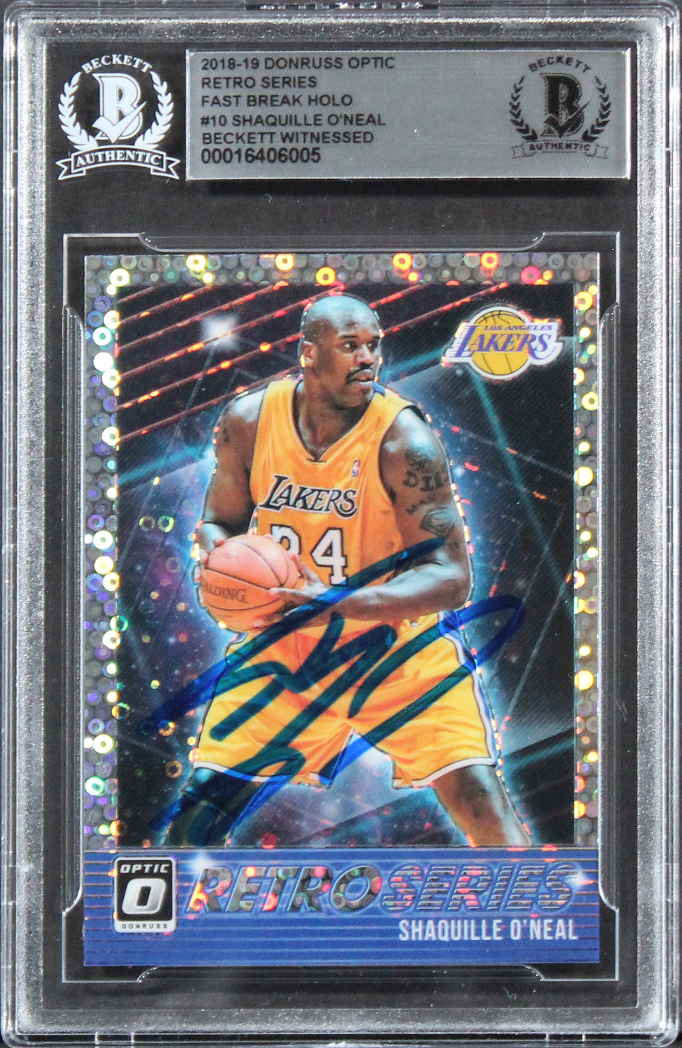 Lakers Shaquille O'Neal Signed 2018 Donruss Optic RS FB HOLO #10 Card BAS Slab