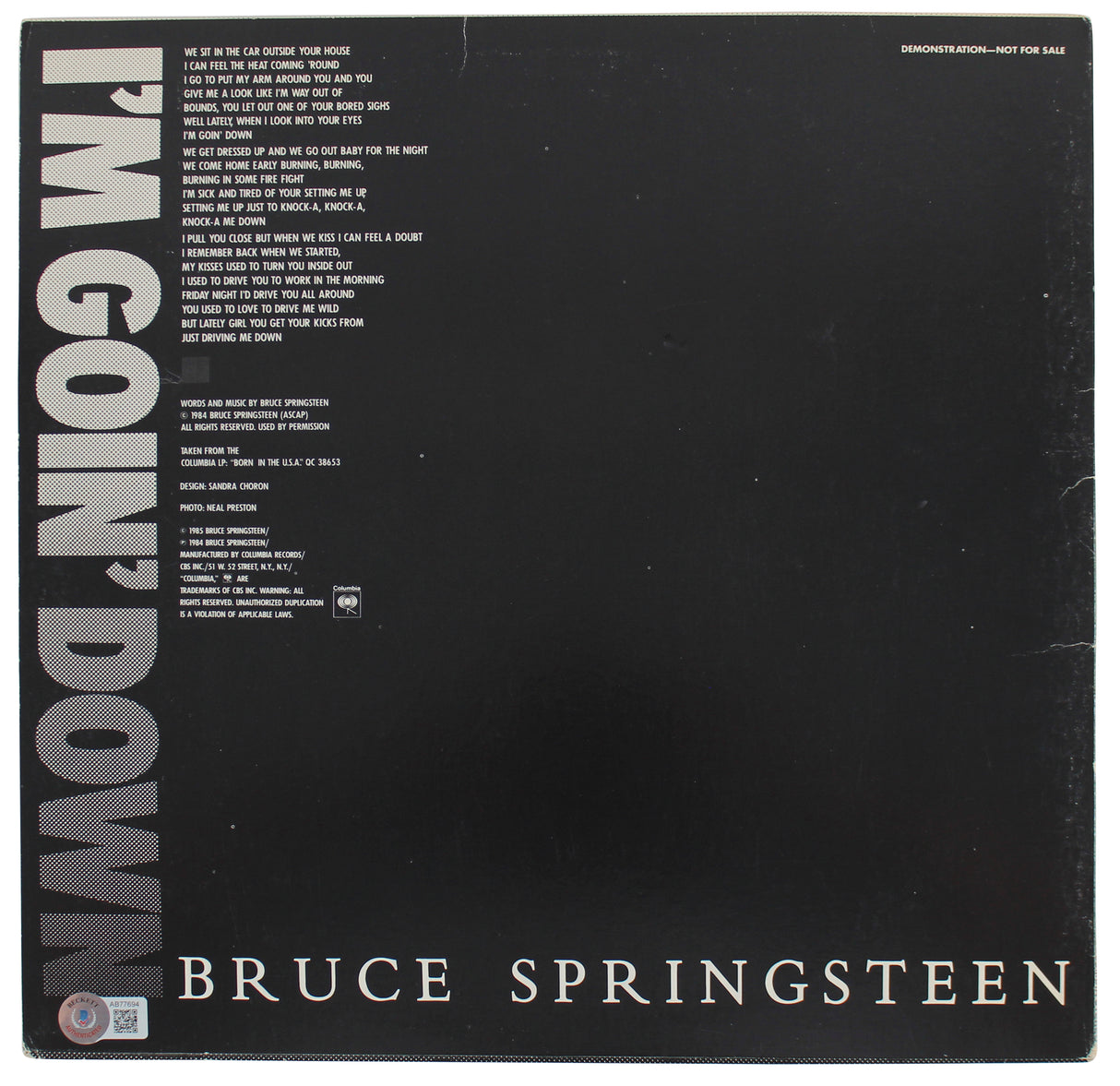 Bruce Springsteen Signed I'm Going Down Album Cover Auto Graded 10! BAS #AB77694