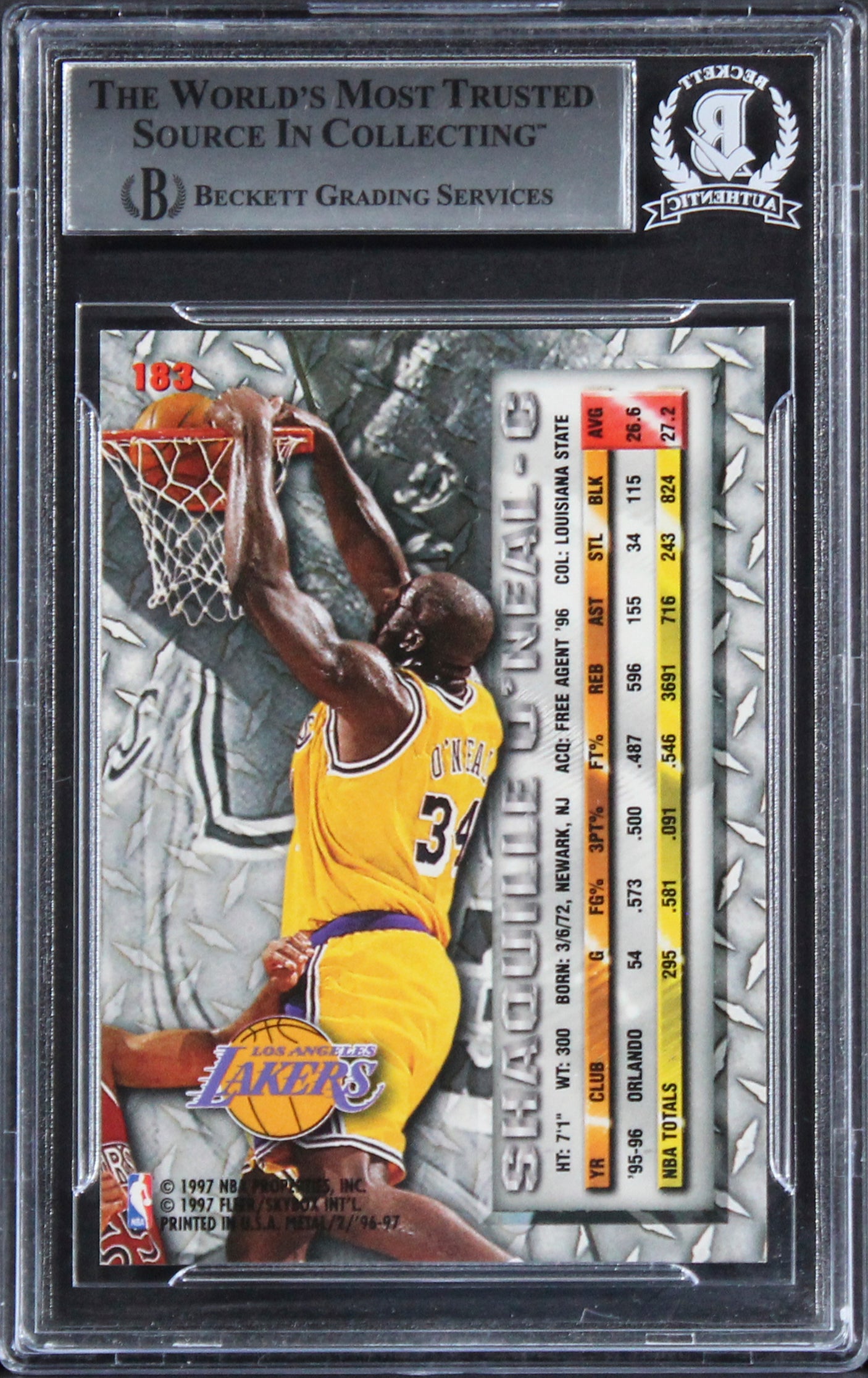 Lakers Shaquille O'Neal Authentic Signed 1996 Metal #183 Card BAS Slabbed