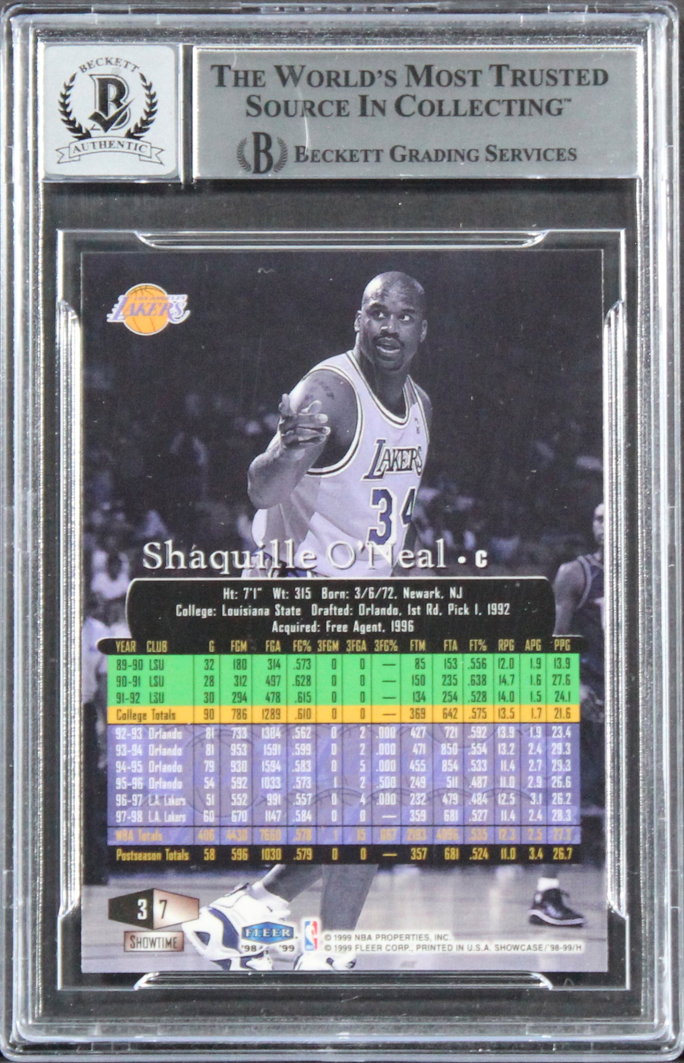 Lakers Shaquille O'Neal Signed 1998 Flair Showcase #7 Card Auto 10! BAS Slabbed